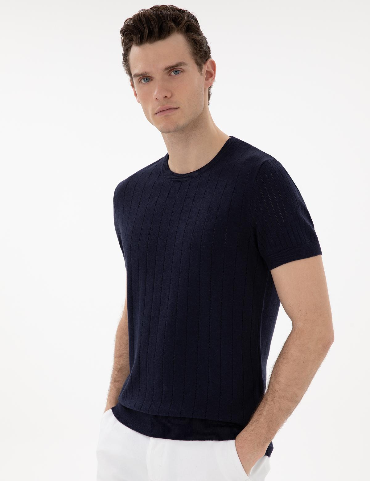 Lacivert Keten Karışımlı Regular Fit Bisiklet Yaka Triko Tişört - 50305992013