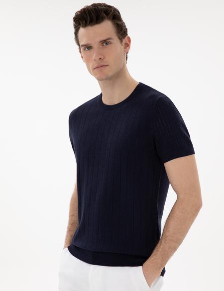 Lacivert Keten Karışımlı Regular Fit Bisiklet Yaka Triko Tişört - 50305992013