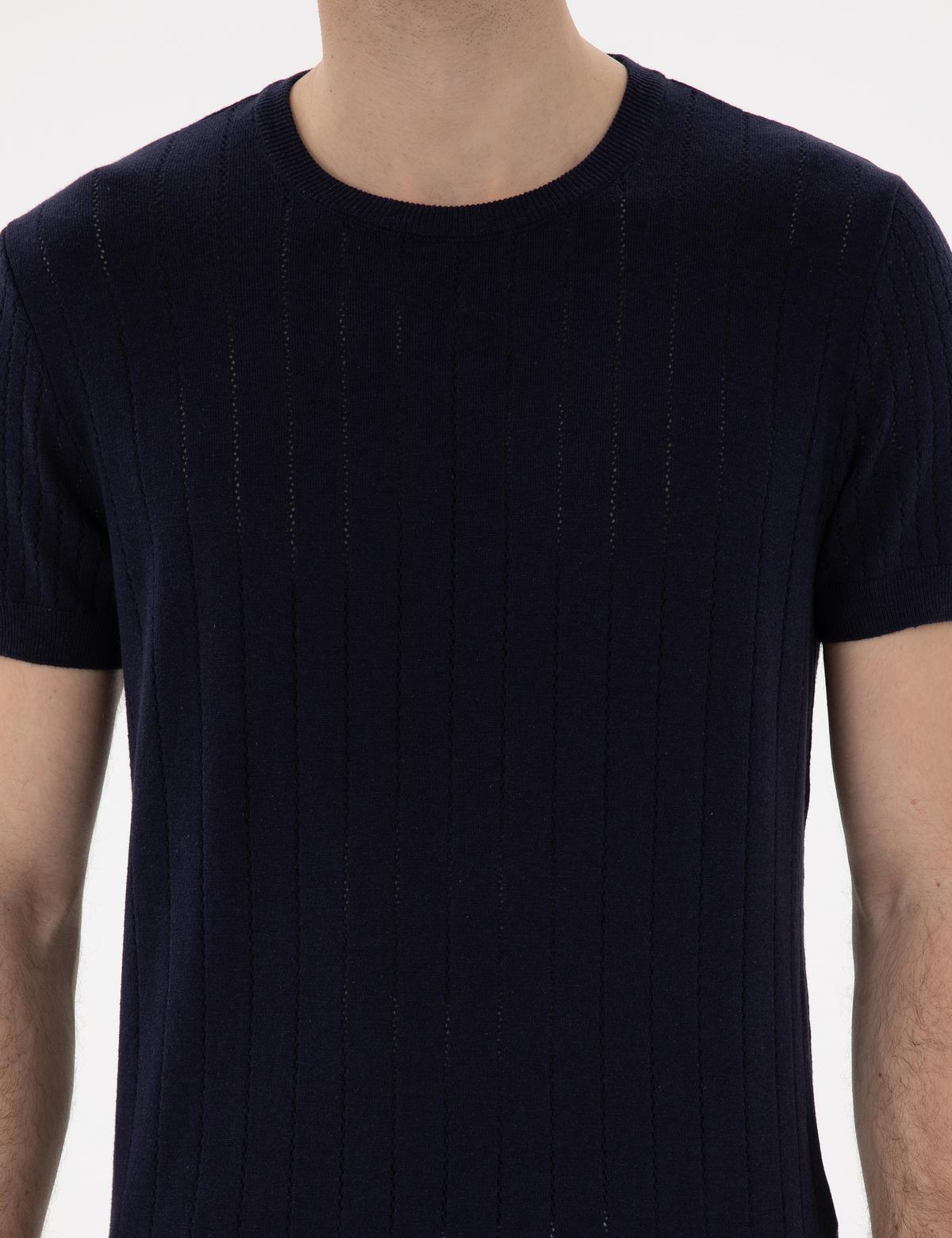 Lacivert Keten Karışımlı Regular Fit Bisiklet Yaka Triko Tişört - 50305992013