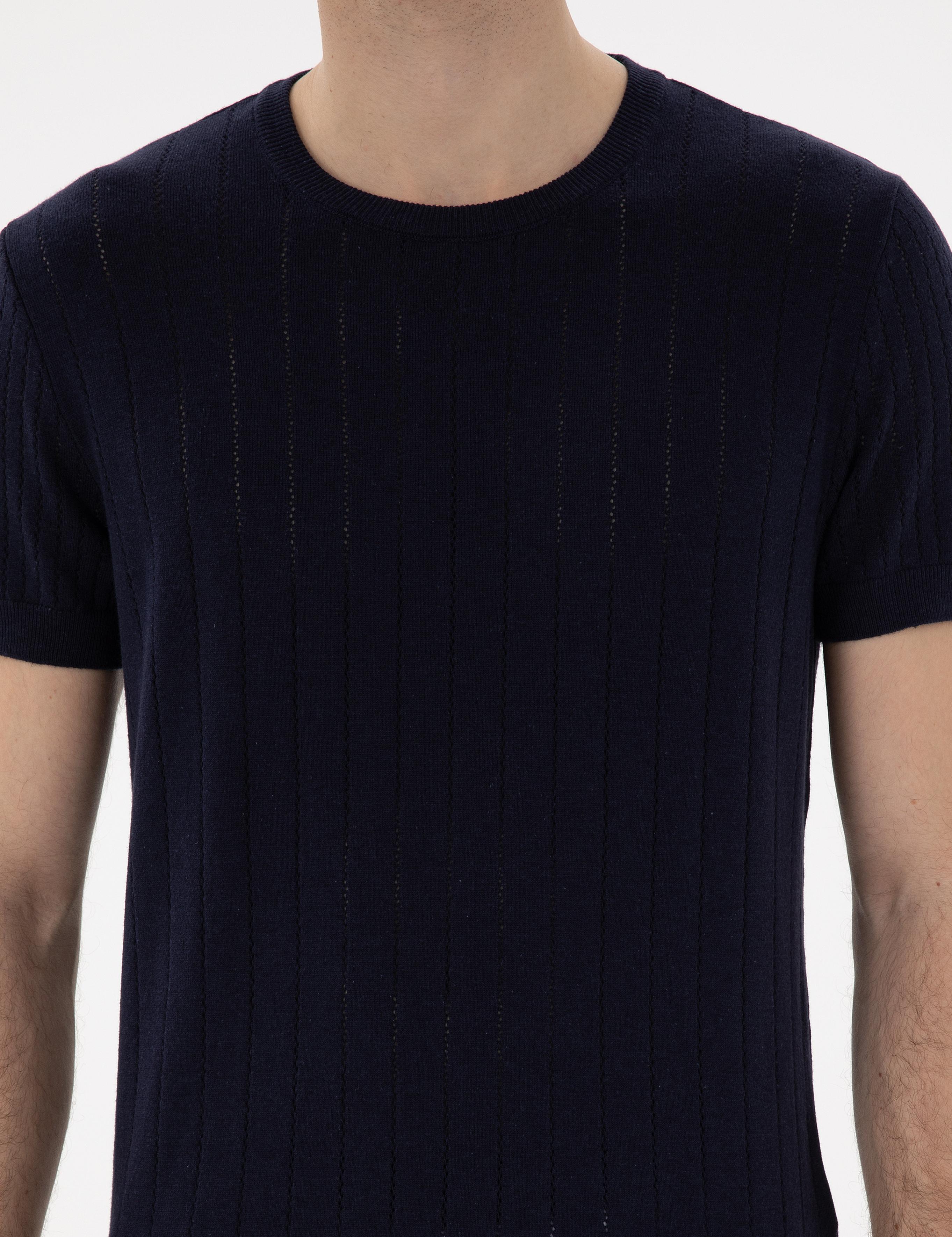 Lacivert Keten Karışımlı Regular Fit Bisiklet Yaka Triko Tişört