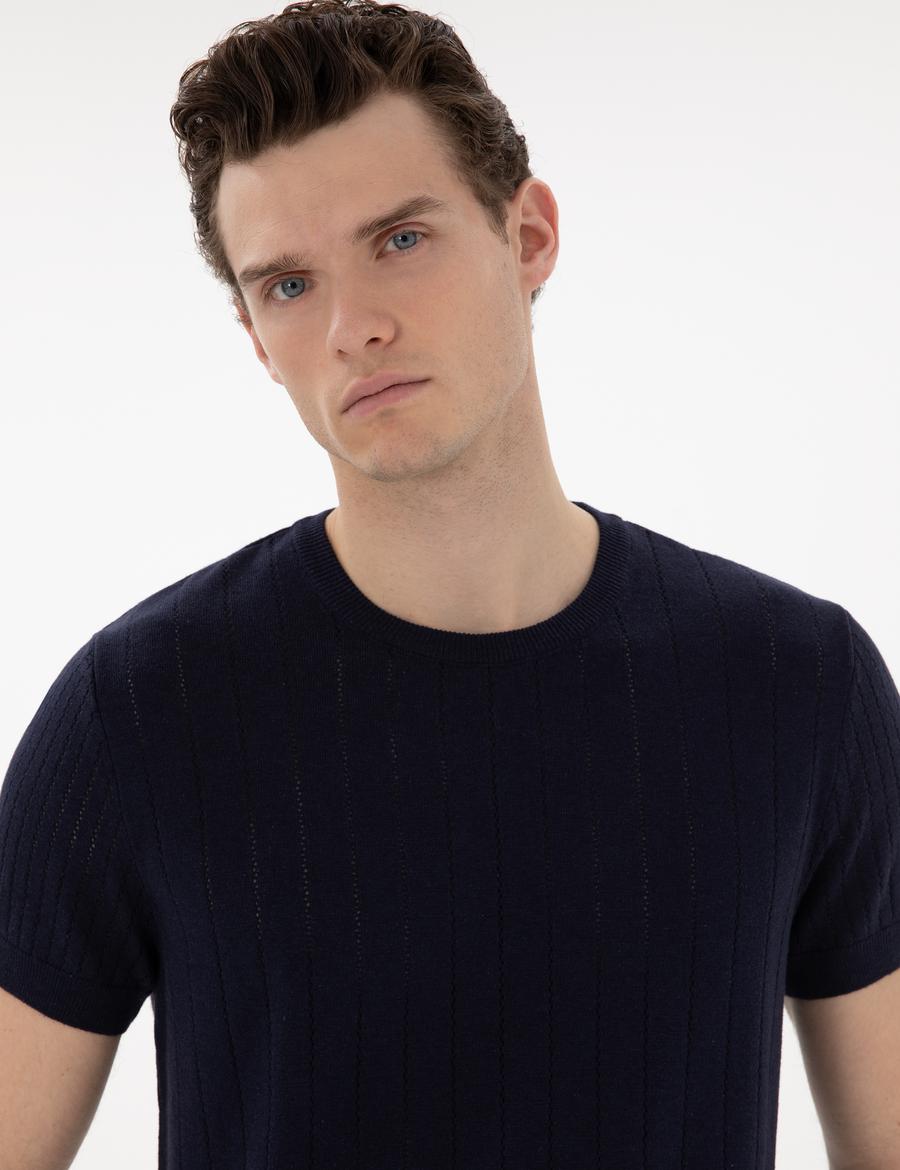 Lacivert Keten Karışımlı Regular Fit Bisiklet Yaka Triko Tişört