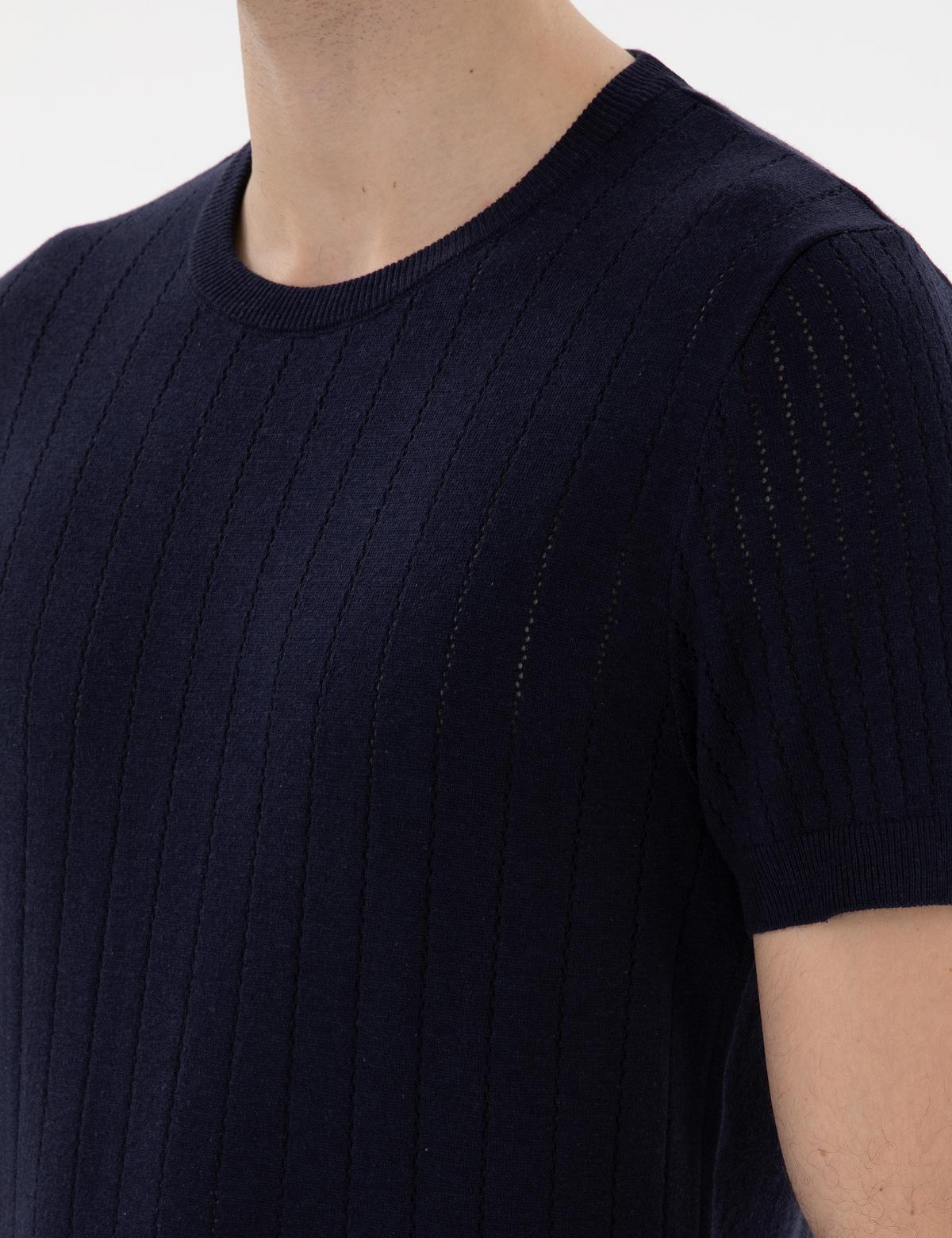 Lacivert Keten Karışımlı Regular Fit Bisiklet Yaka Triko Tişört - 50305992013