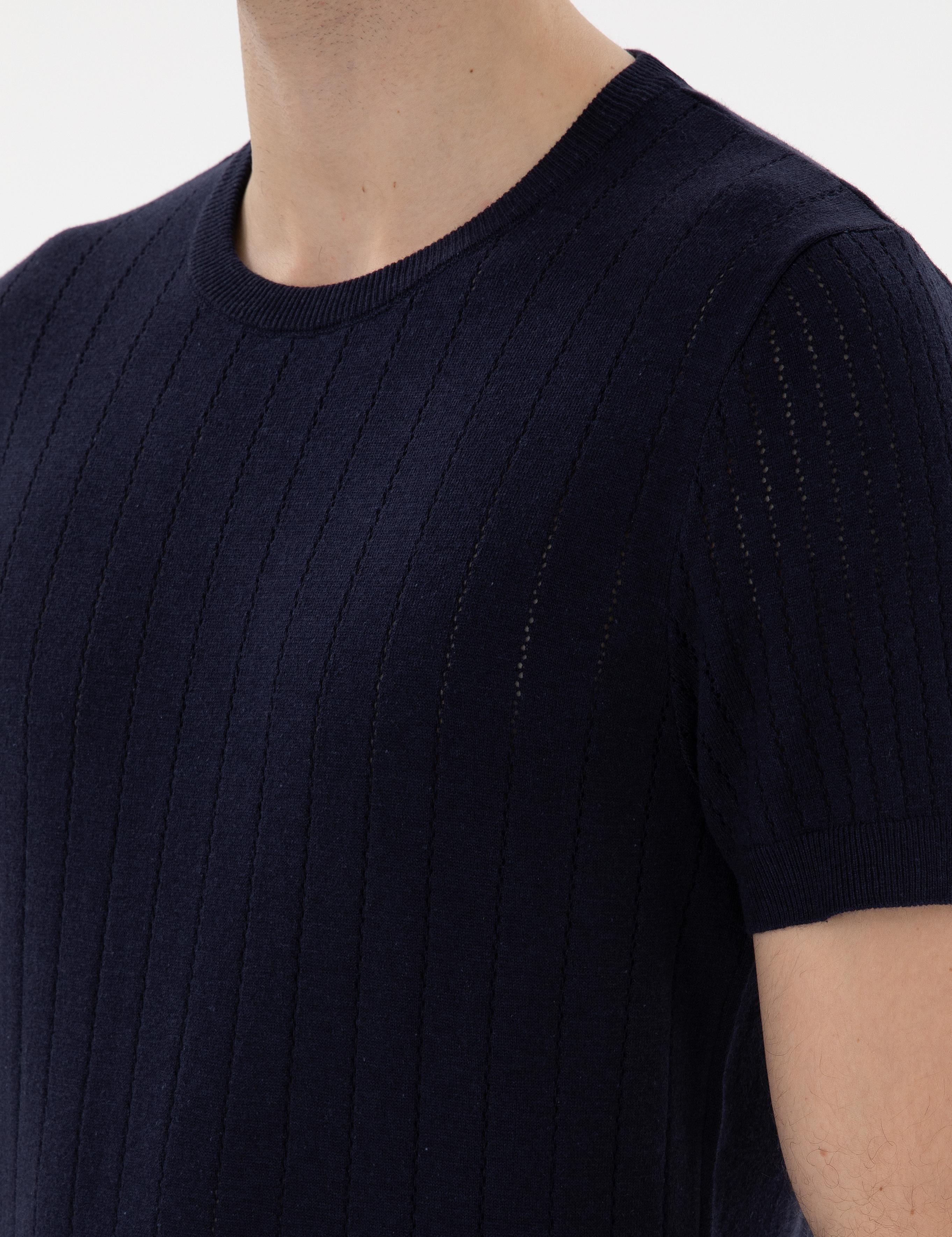 Lacivert Keten Karışımlı Regular Fit Bisiklet Yaka Triko Tişört