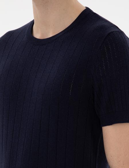 Lacivert Keten Karışımlı Regular Fit Bisiklet Yaka Triko Tişört - 50305992013