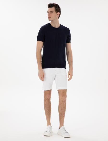 Lacivert Keten Karışımlı Regular Fit Bisiklet Yaka Triko Tişört - 50305992013