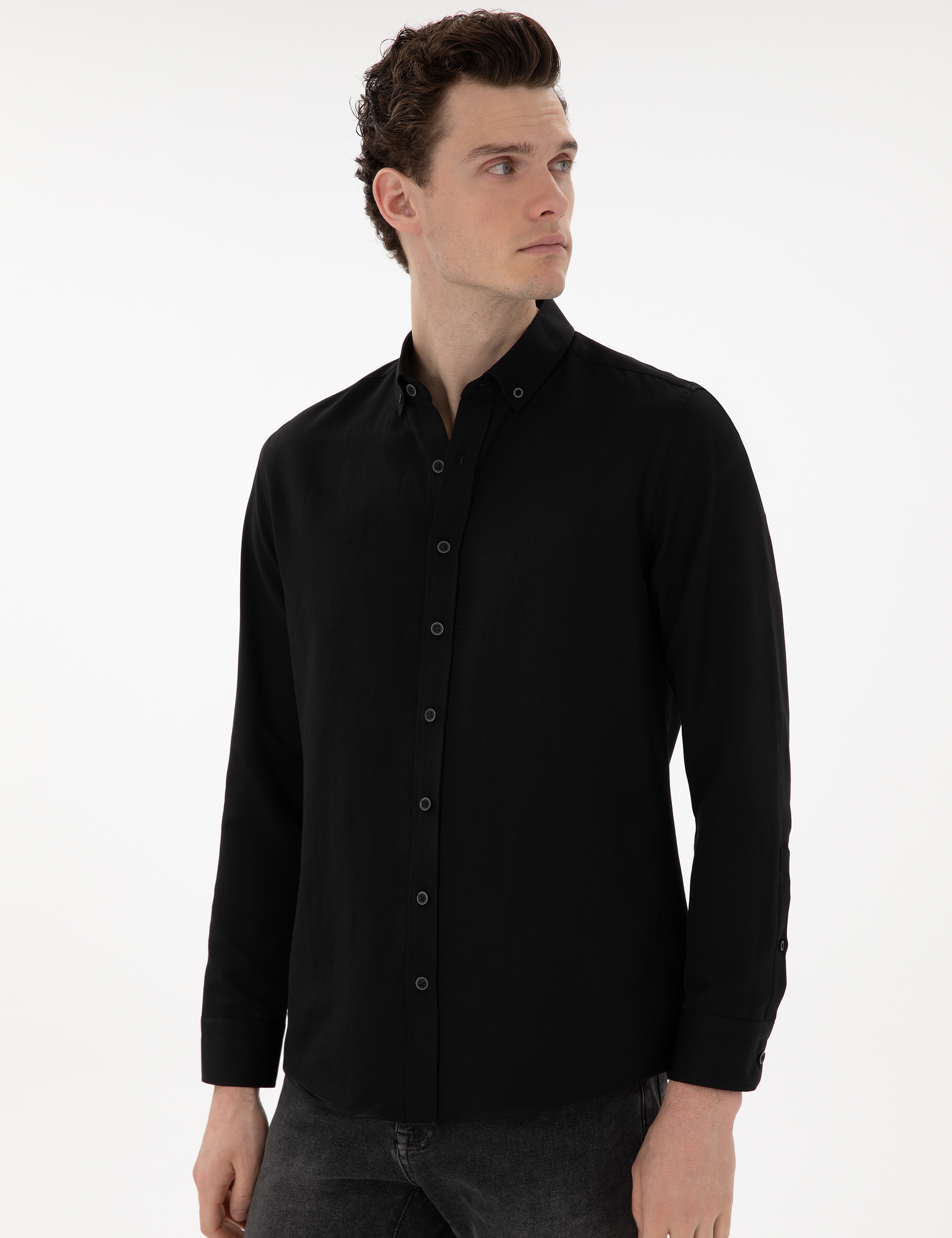 Siyah Regular Fit Uzun Kollu Gömlek - Image 3