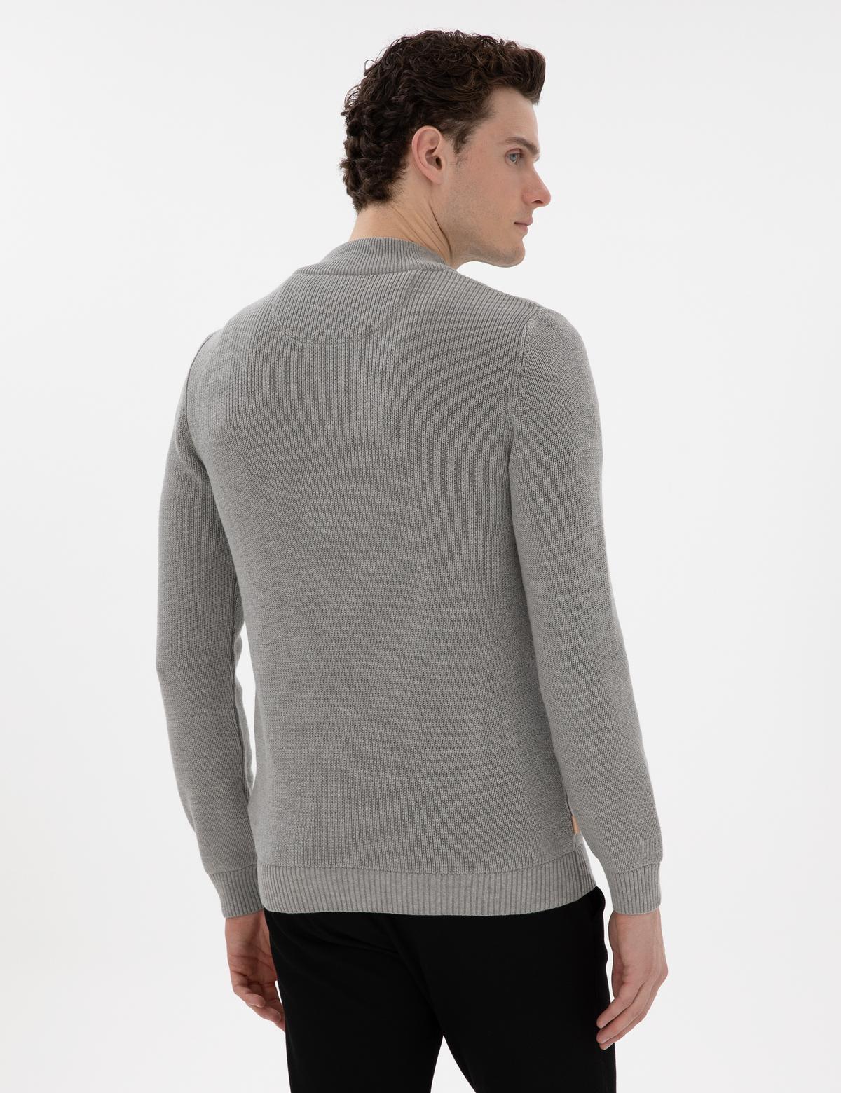 Gri Melanj Slim Fit Fermuarlı Dik Yaka Triko Kazak - 50297123037