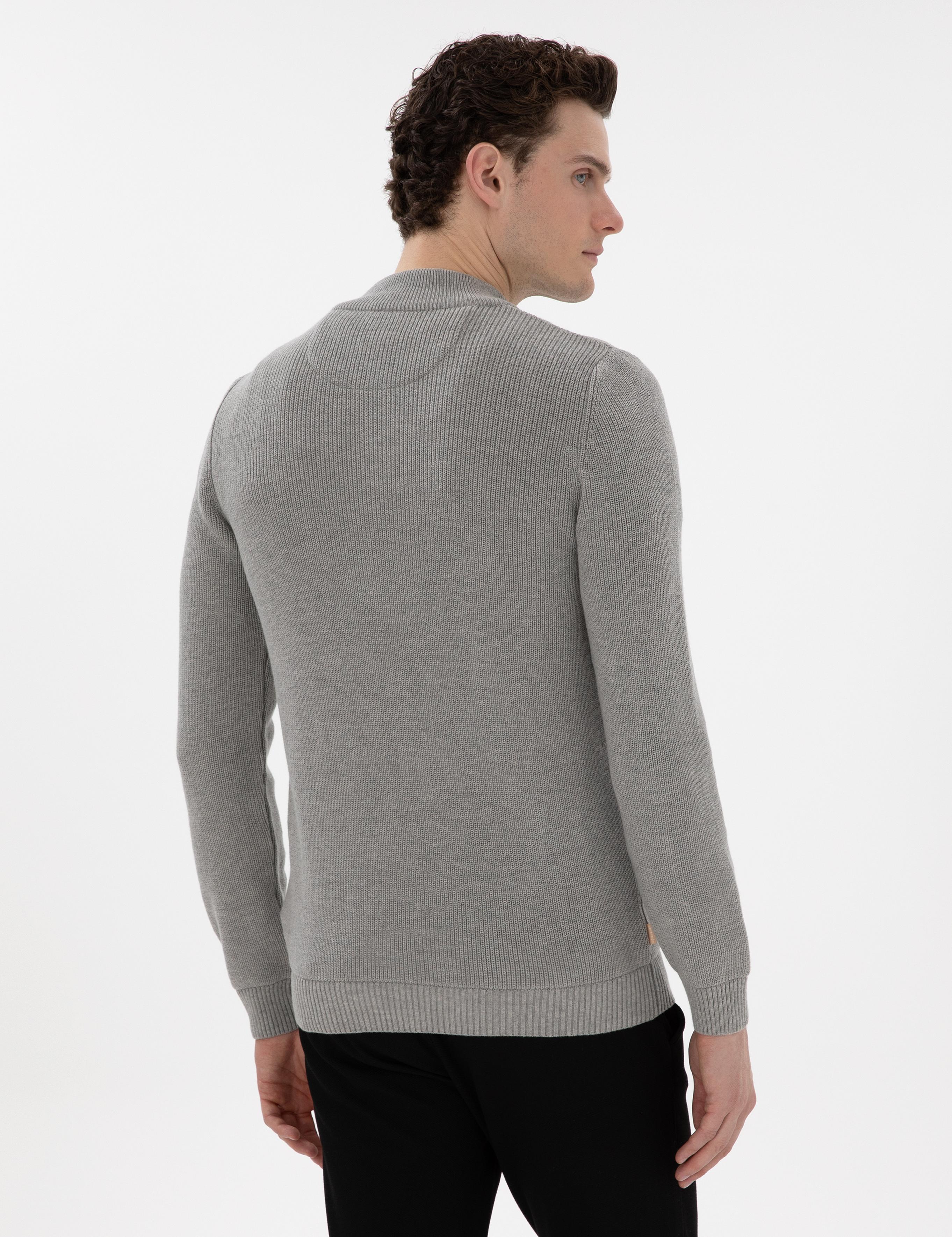 Gri Melanj Slim Fit Fermuarlı Dik Yaka Triko Kazak