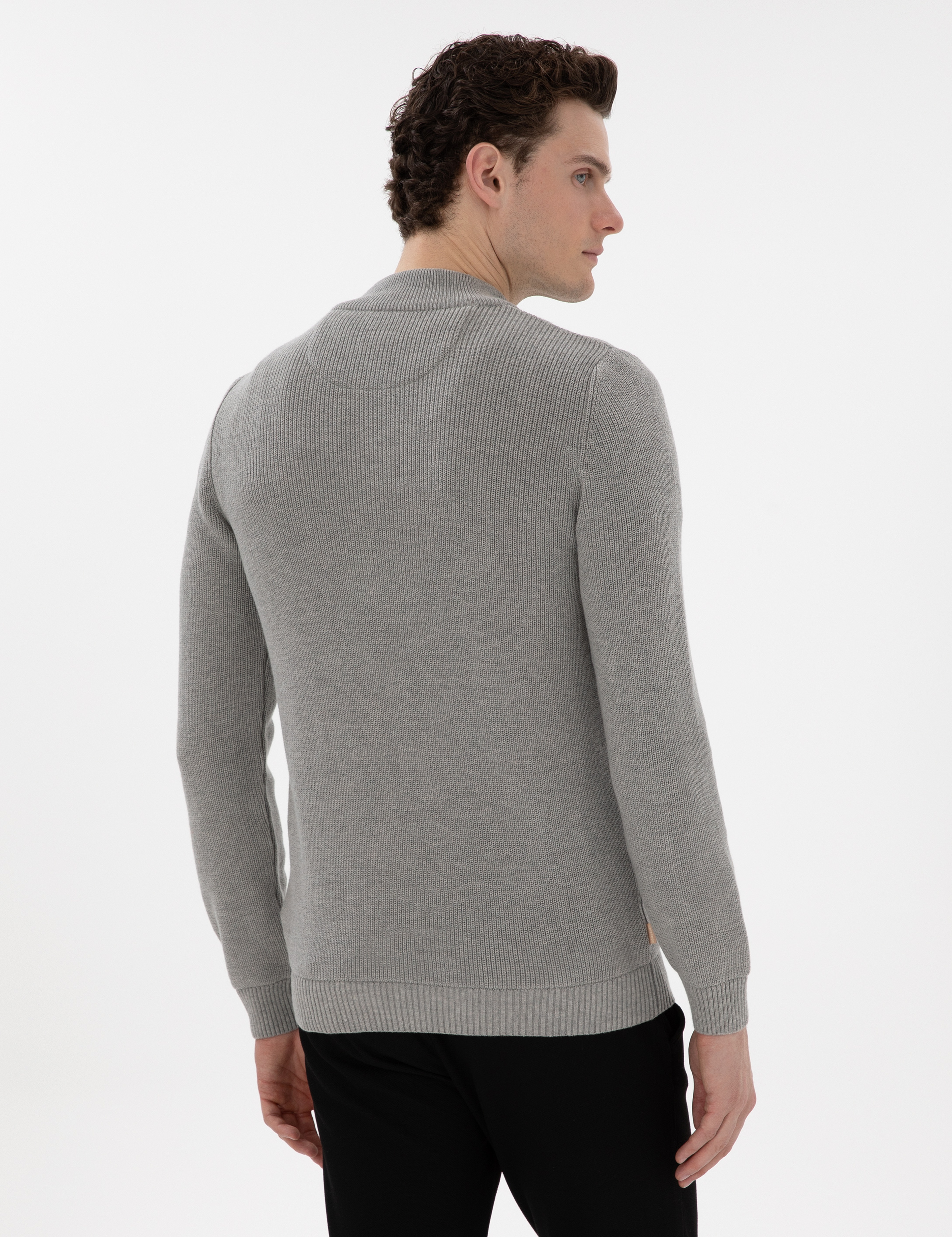 Gri Melanj Slim Fit Fermuarlı Dik Yaka Triko Kazak - Image 5