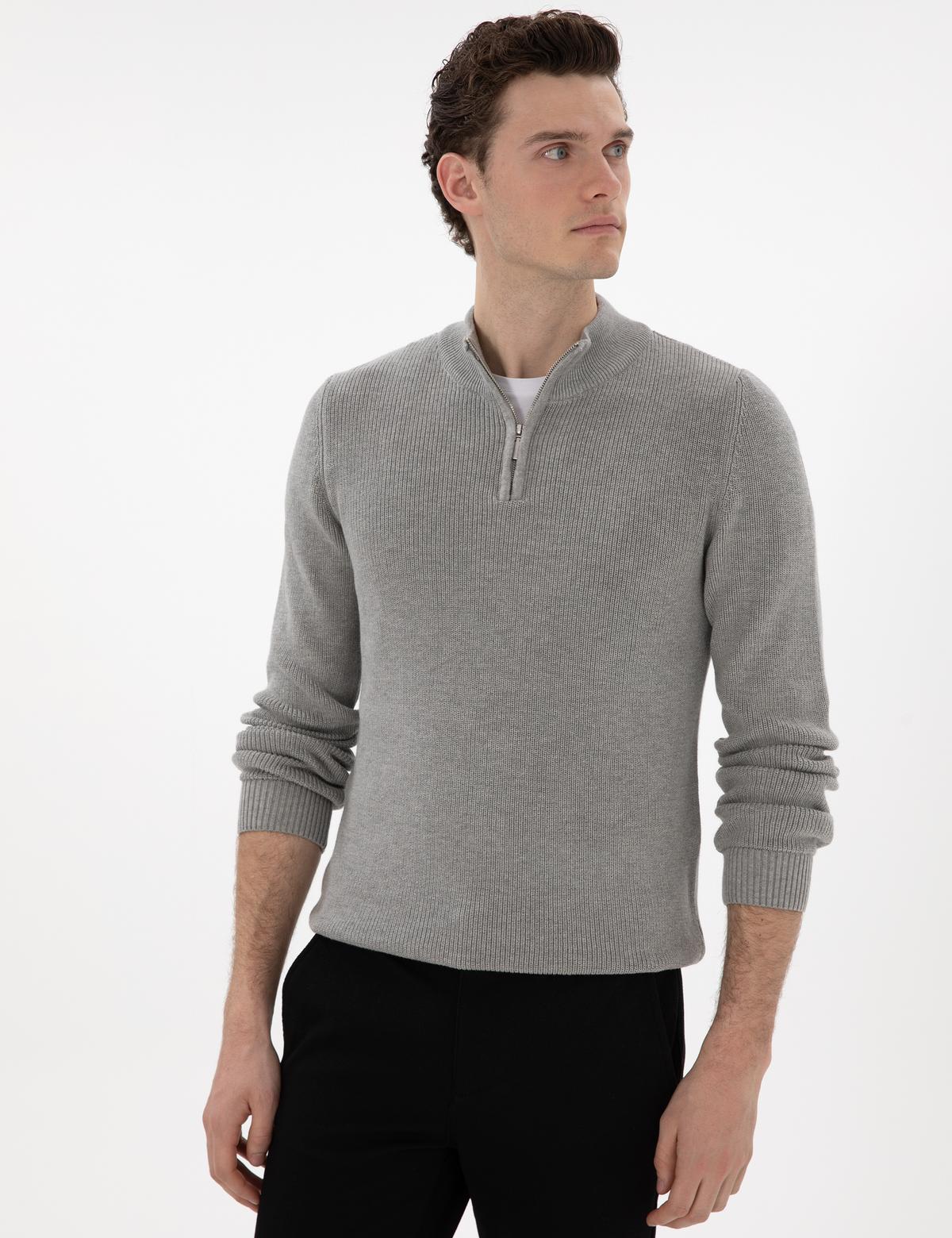 Gri Melanj Slim Fit Fermuarlı Dik Yaka Triko Kazak - 50297123037