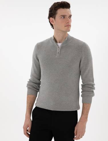 Gri Melanj Slim Fit Fermuarlı Dik Yaka Triko Kazak