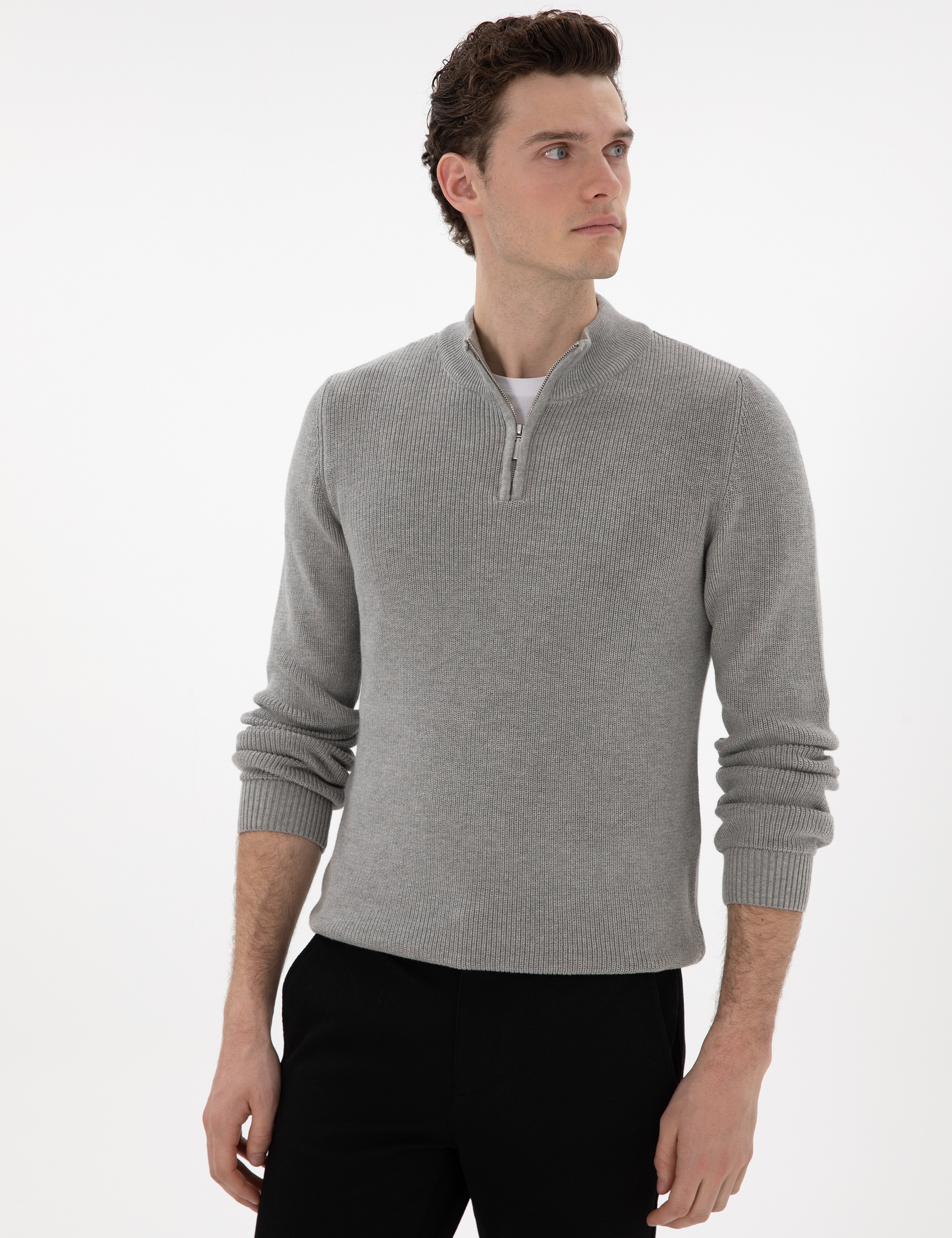 Gri Melanj Slim Fit Fermuarlı Dik Yaka Triko Kazak