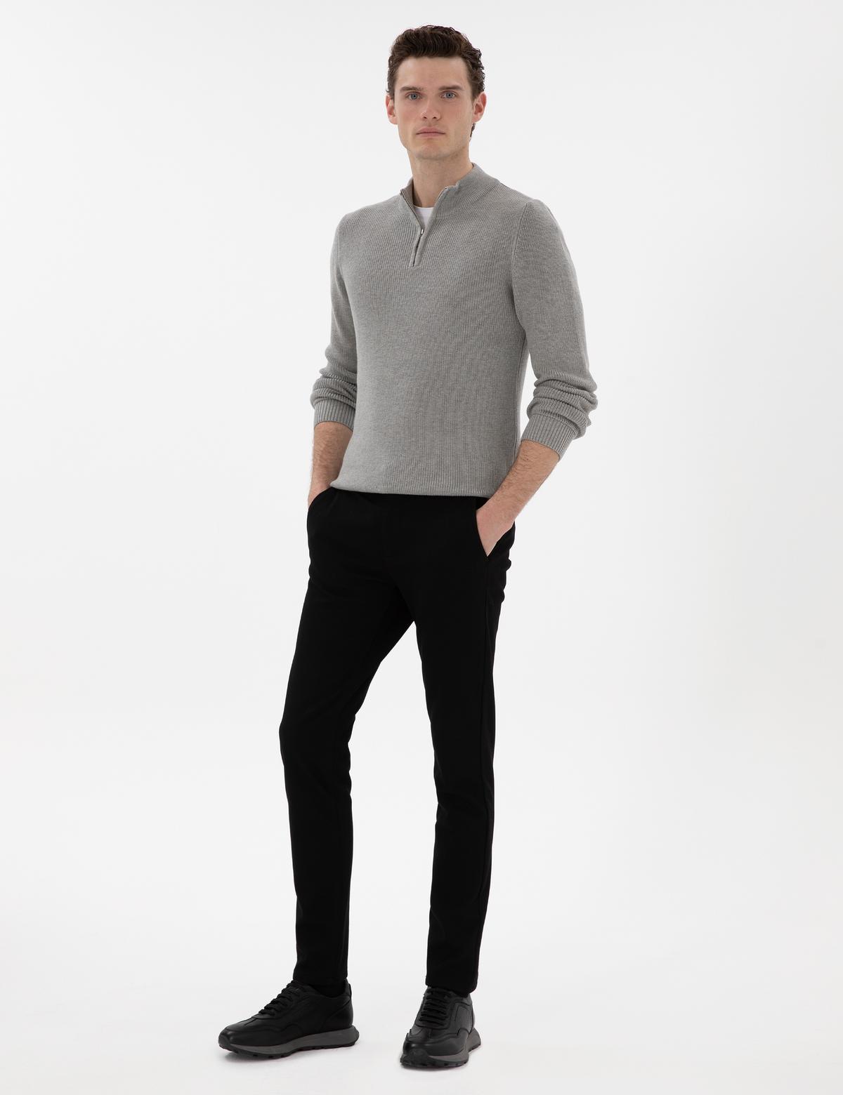 Gri Melanj Slim Fit Fermuarlı Dik Yaka Triko Kazak - 50297123037