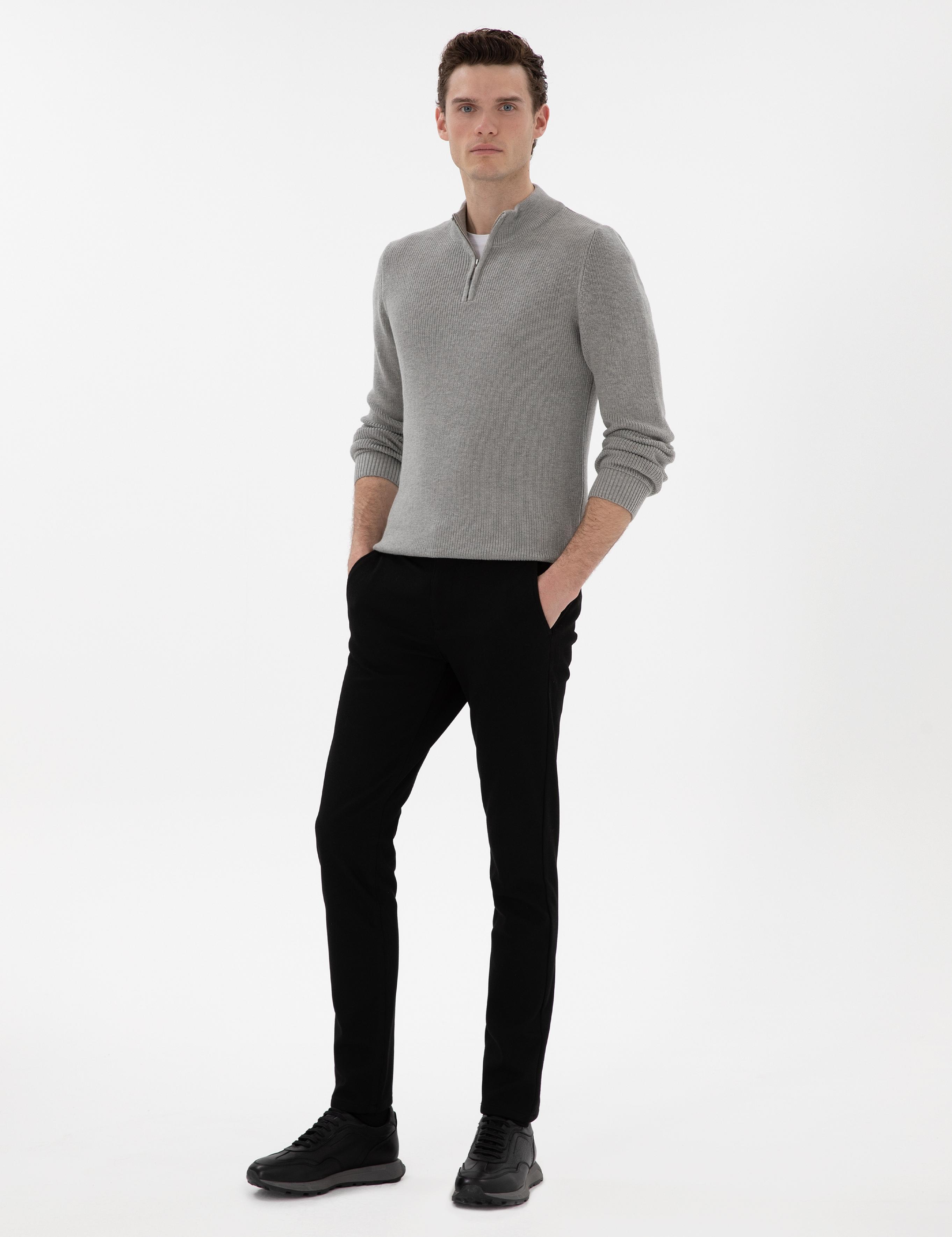 Gri Melanj Slim Fit Fermuarlı Dik Yaka Triko Kazak