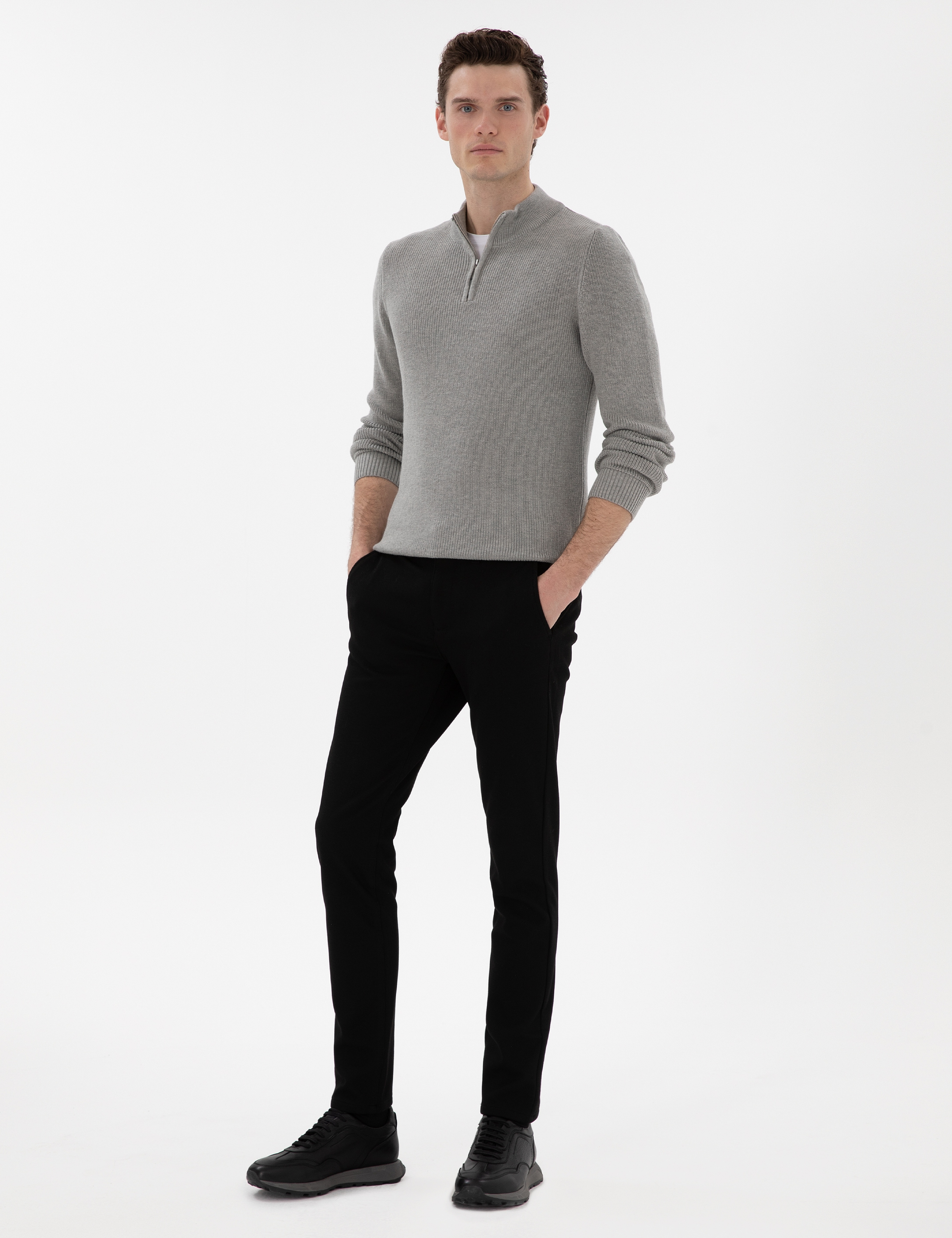 Gri Melanj Slim Fit Fermuarlı Dik Yaka Triko Kazak - Image 4
