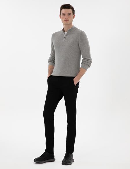 Gri Melanj Slim Fit Fermuarlı Dik Yaka Triko Kazak - 50297123037