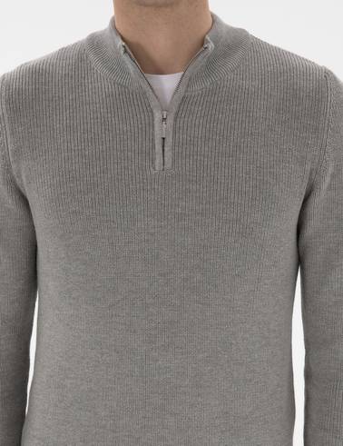 Gri Melanj Slim Fit Fermuarlı Dik Yaka Triko Kazak