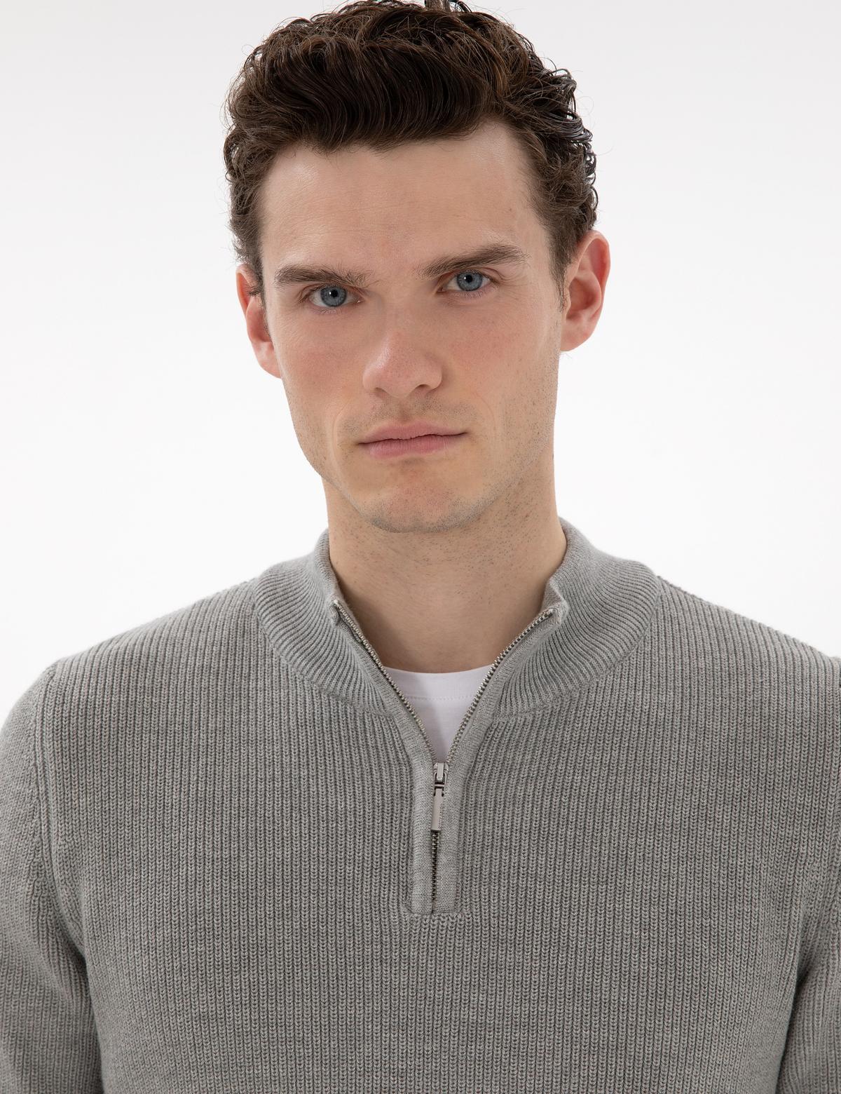 Gri Melanj Slim Fit Fermuarlı Dik Yaka Triko Kazak - 50297123037