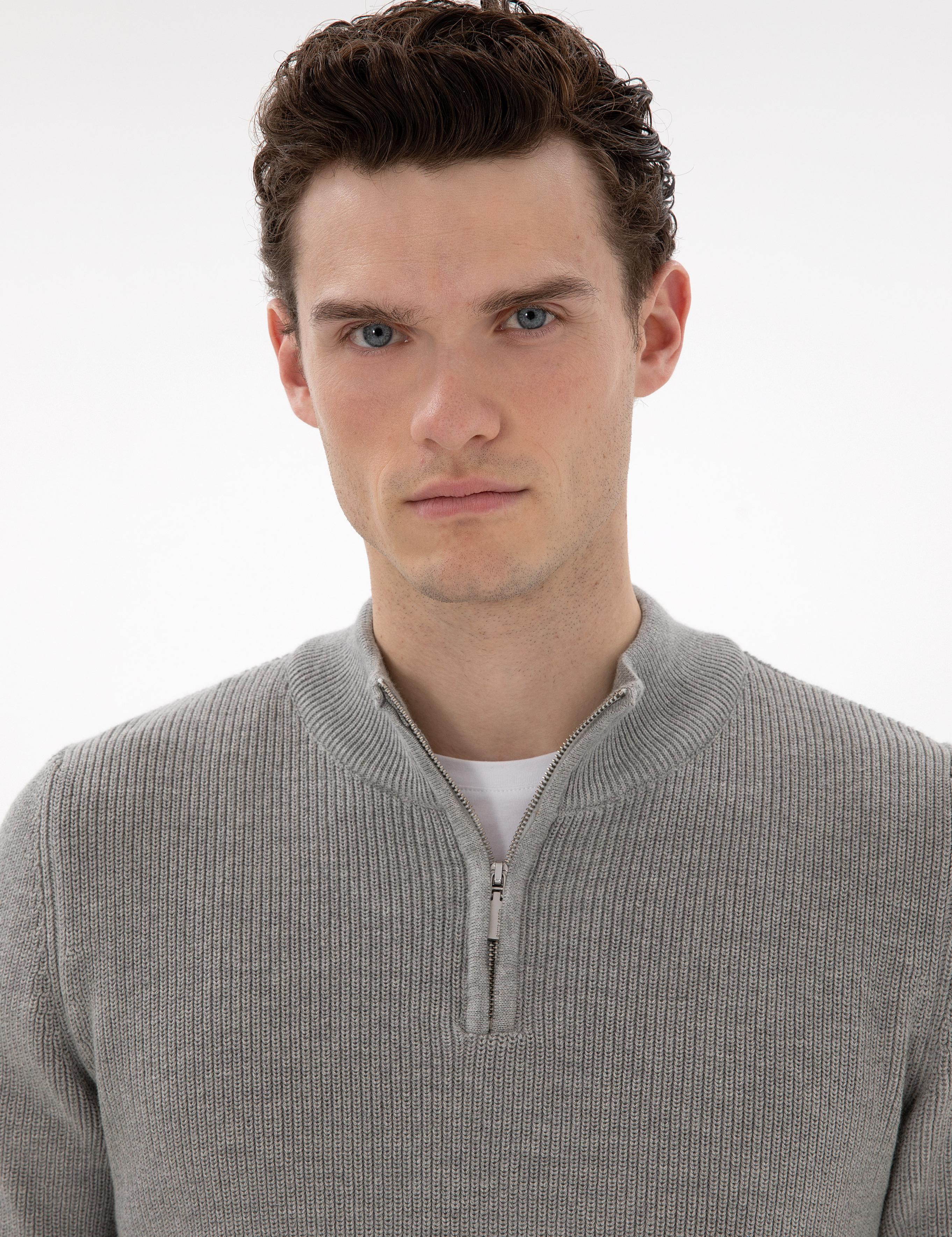 Gri Melanj Slim Fit Fermuarlı Dik Yaka Triko Kazak