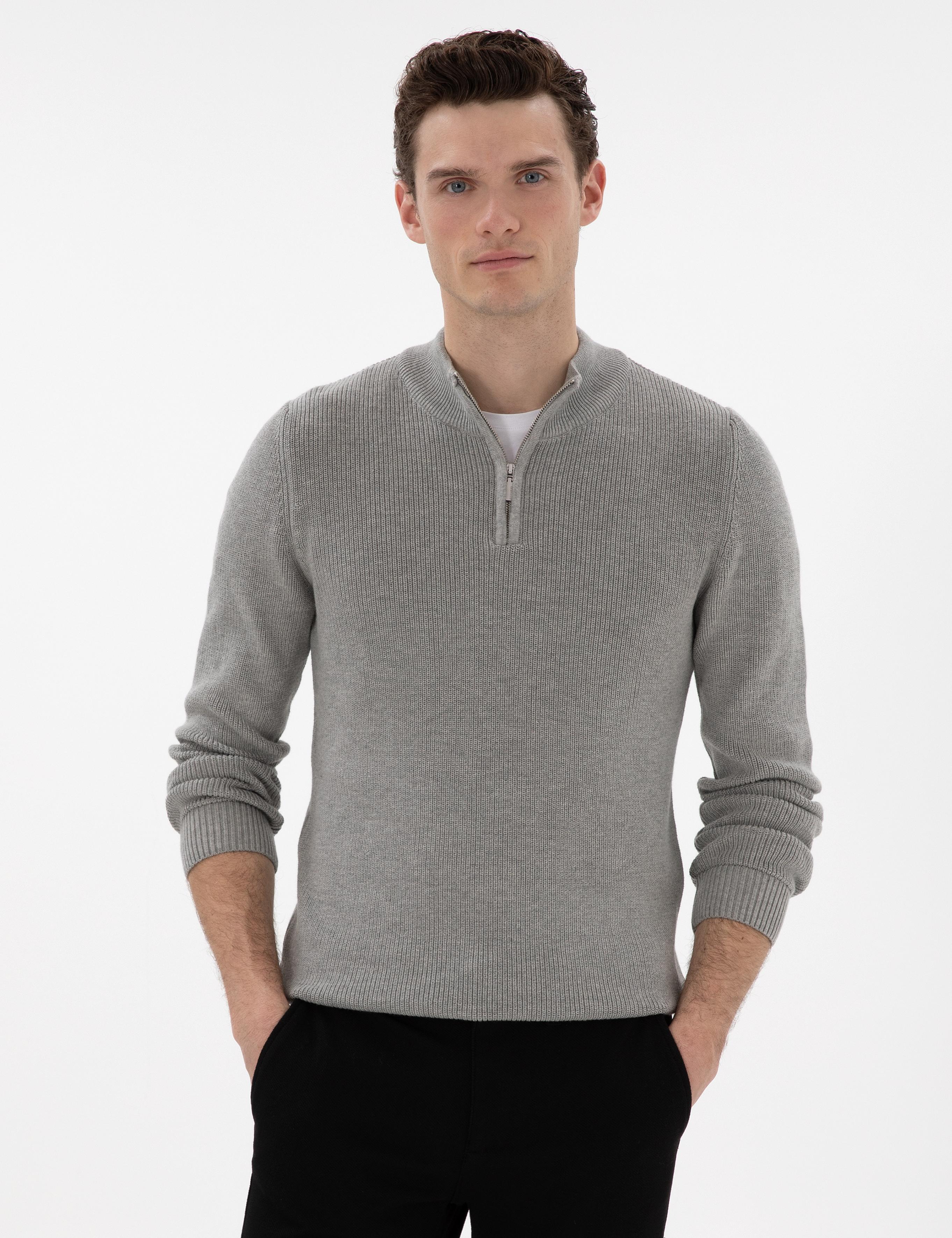 Gri Melanj Slim Fit Fermuarlı Dik Yaka Triko Kazak