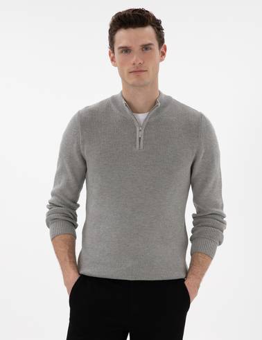 Gri Melanj Slim Fit Fermuarlı Dik Yaka Triko Kazak