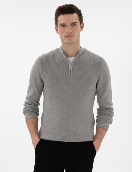 Gri Melanj Slim Fit Fermuarlı Dik Yaka Triko Kazak - 50297123037