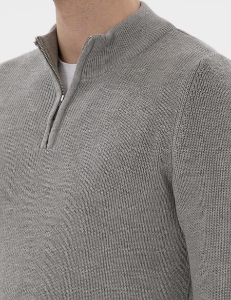 Gri Melanj Slim Fit Fermuarlı Dik Yaka Triko Kazak - 50297123037