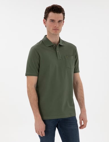 Haki Regular Fit %100 Pamuk Kıvrılmaz Düğmeli Polo Yaka Basic Tişört