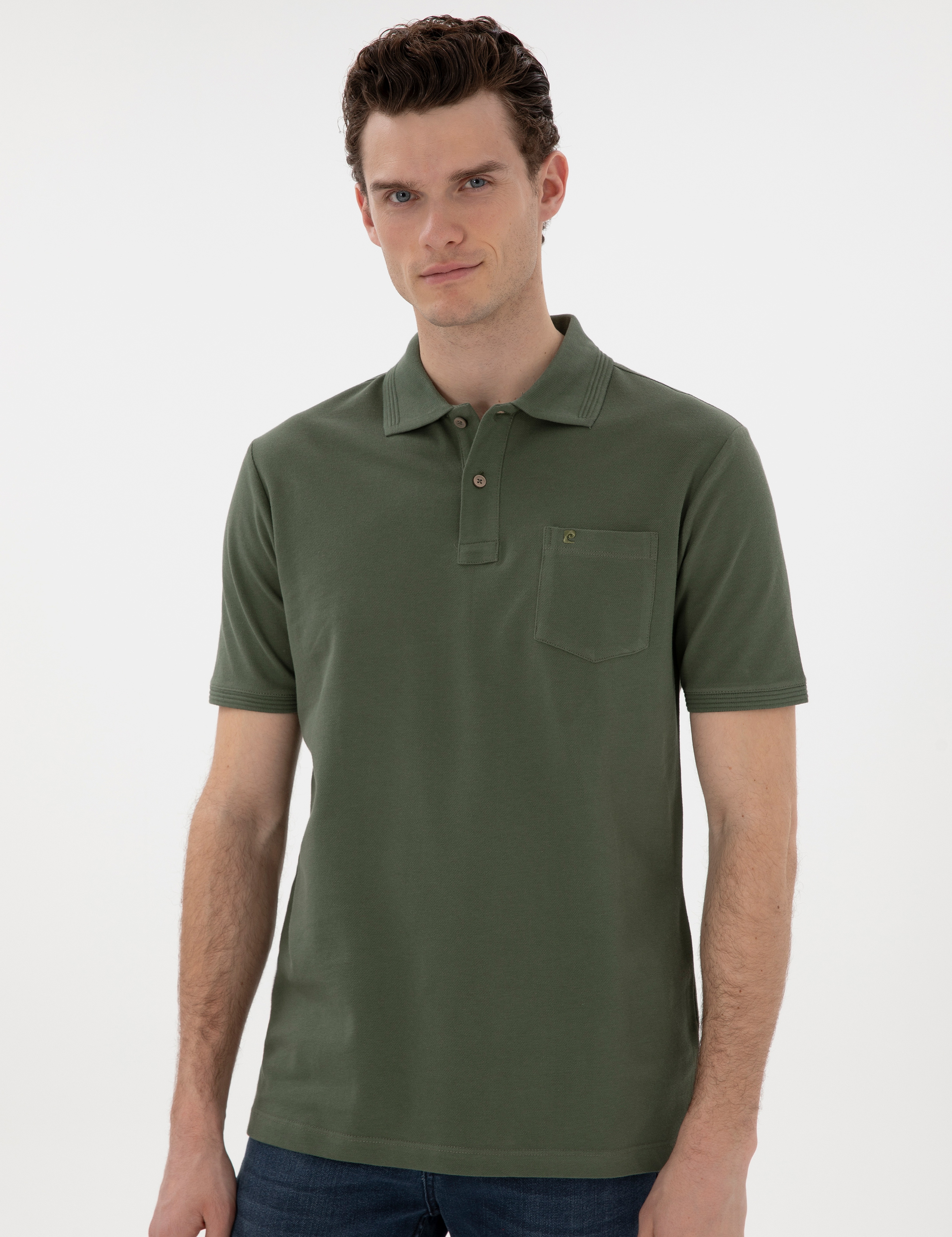 Haki Regular Fit Kıvrılmaz Polo Yaka Basic Tişört - Image 3