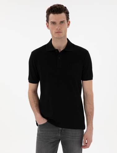 Siyah Regular Fit Kıvrılmaz Polo Yaka Basic Tişört