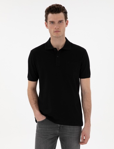 Siyah Regular Fit %100 Pamuk Kıvrılmaz Düğmeli Polo Yaka Basic Tişört
