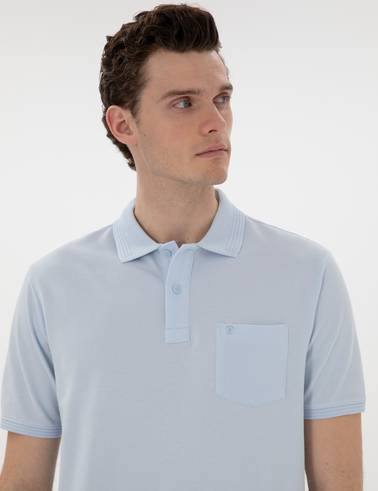 Açık Mavi Regular Fit %100 Pamuk Kıvrılmaz Polo Yaka Basic Tişört