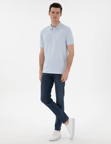 Açık Mavi Regular Fit %100 Pamuk Kıvrılmaz Polo Yaka Basic Tişört