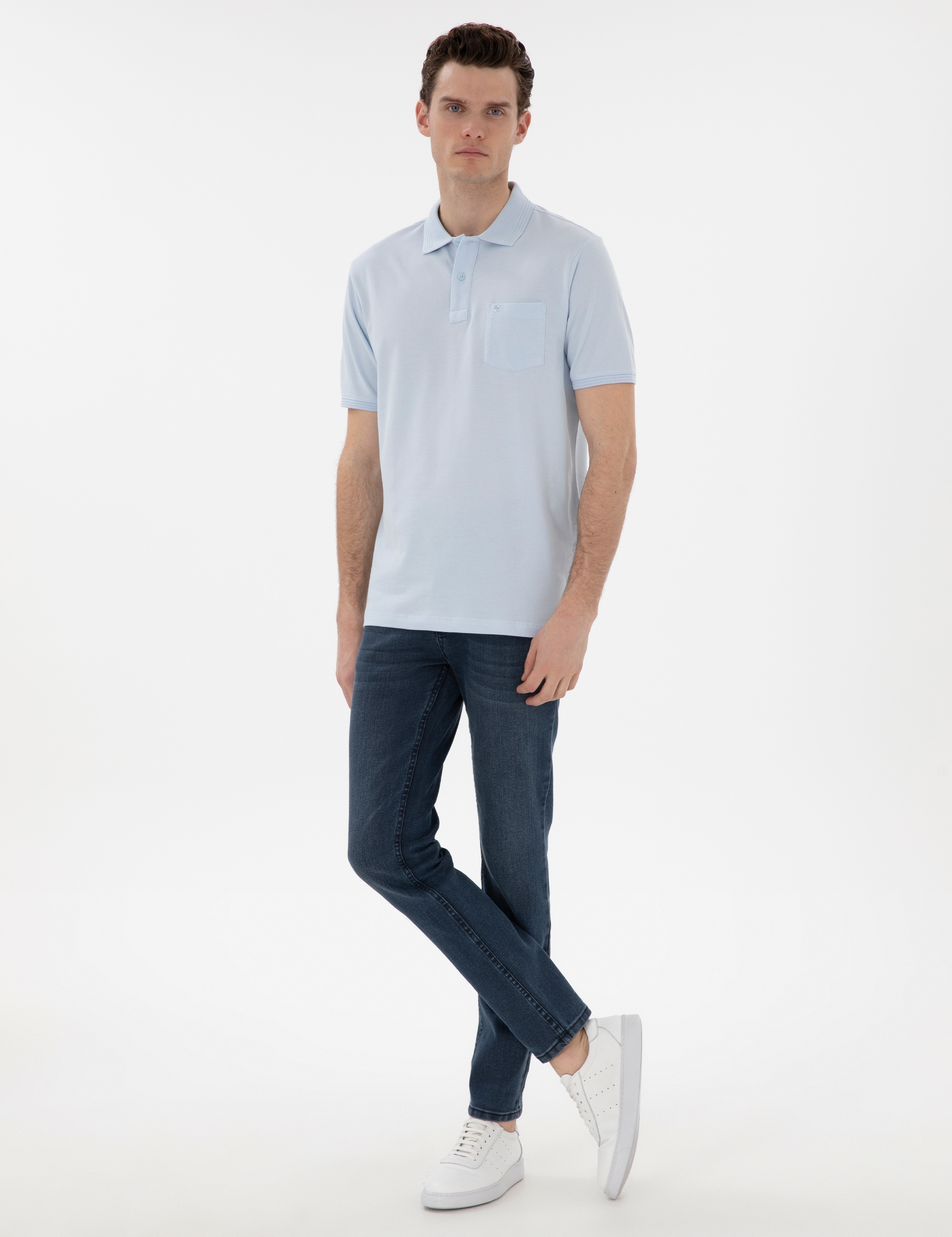 Açık Mavi Regular Fit %100 Pamuk Kıvrılmaz Polo Yaka Basic Tişört - Image 4