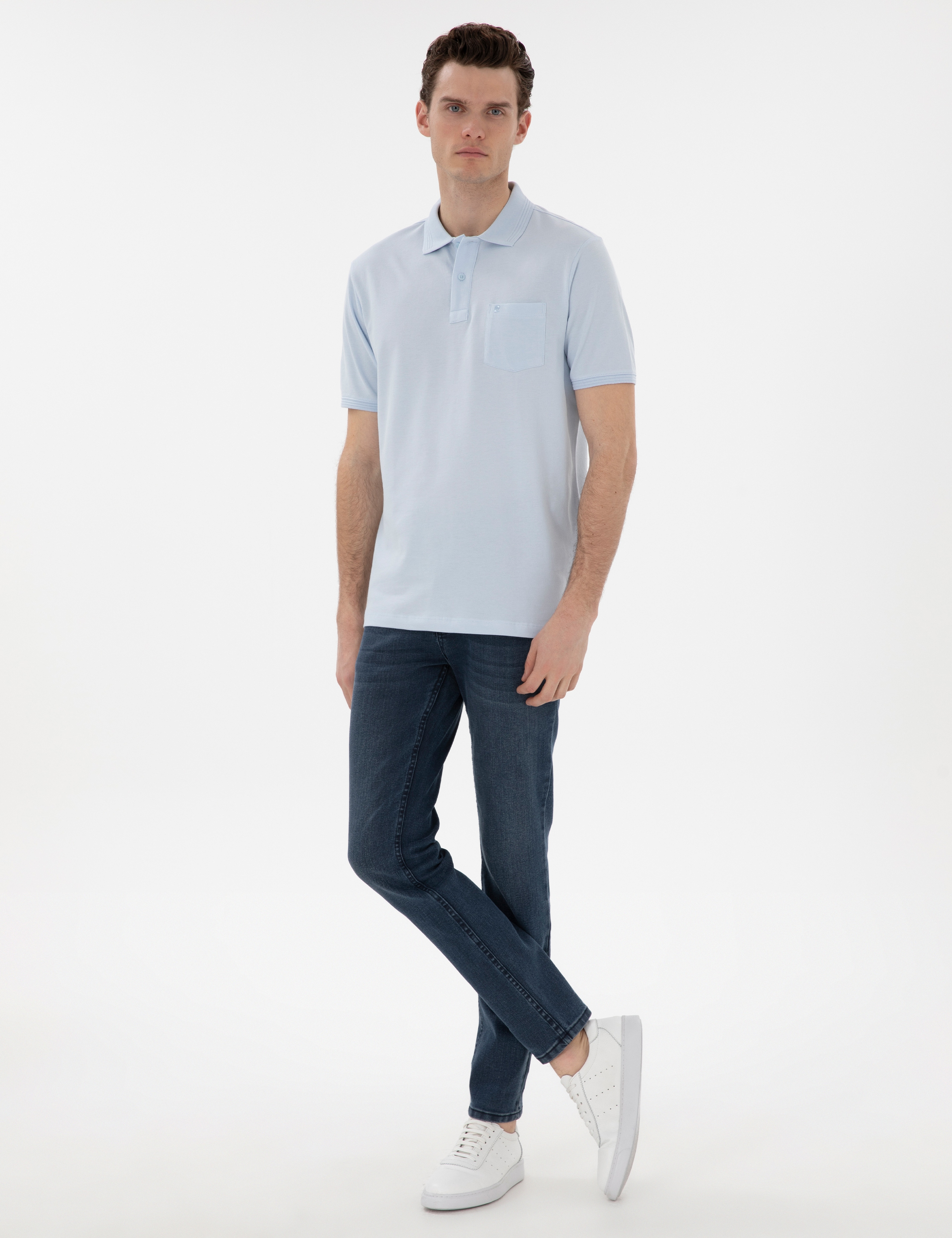 Açık Mavi Regular Fit %100 Pamuk Kıvrılmaz Polo Yaka Basic Tişört