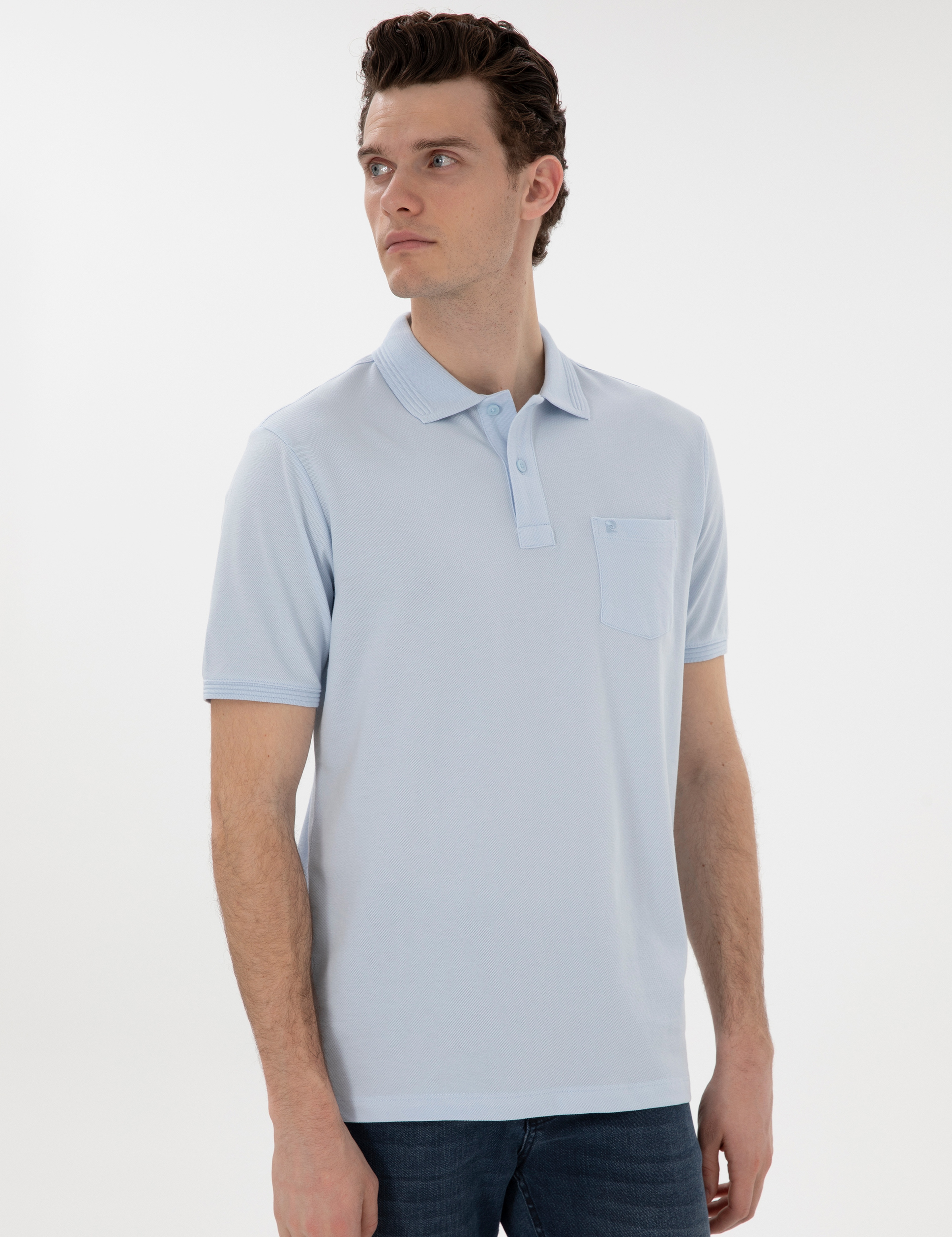 Açık Mavi Regular Fit %100 Pamuk Kıvrılmaz Polo Yaka Basic Tişört - Image 3