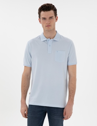 Açık Mavi Regular Fit %100 Pamuk Kıvrılmaz Düğmeli Polo Yaka Basic Tişört