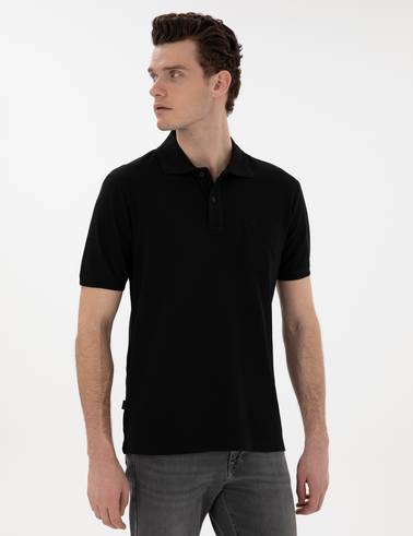 Siyah Regular Fit Kıvrılmaz Polo Yaka Basic Tişört