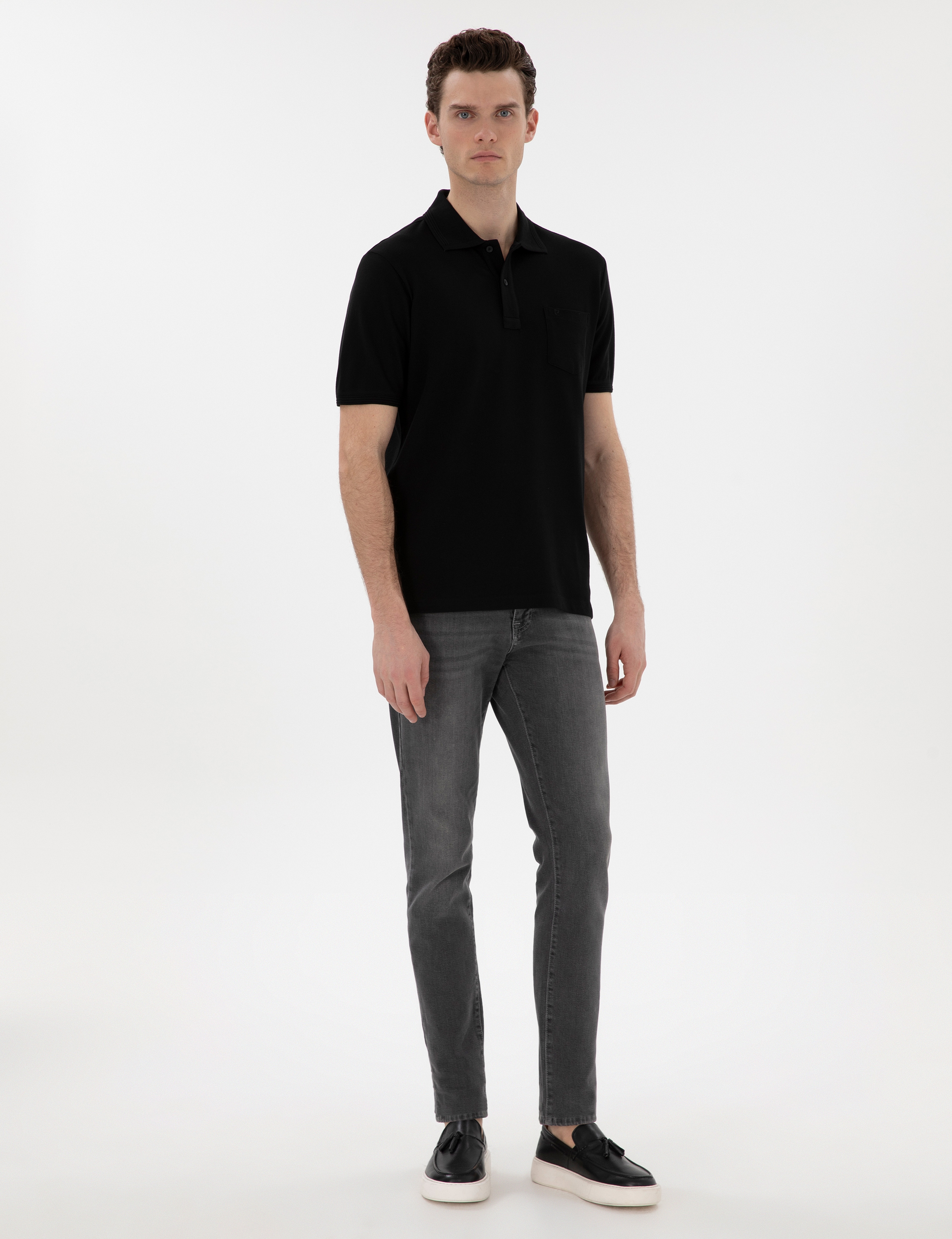 Siyah Regular Fit Kıvrılmaz Polo Yaka Basic Tişört - Image 4