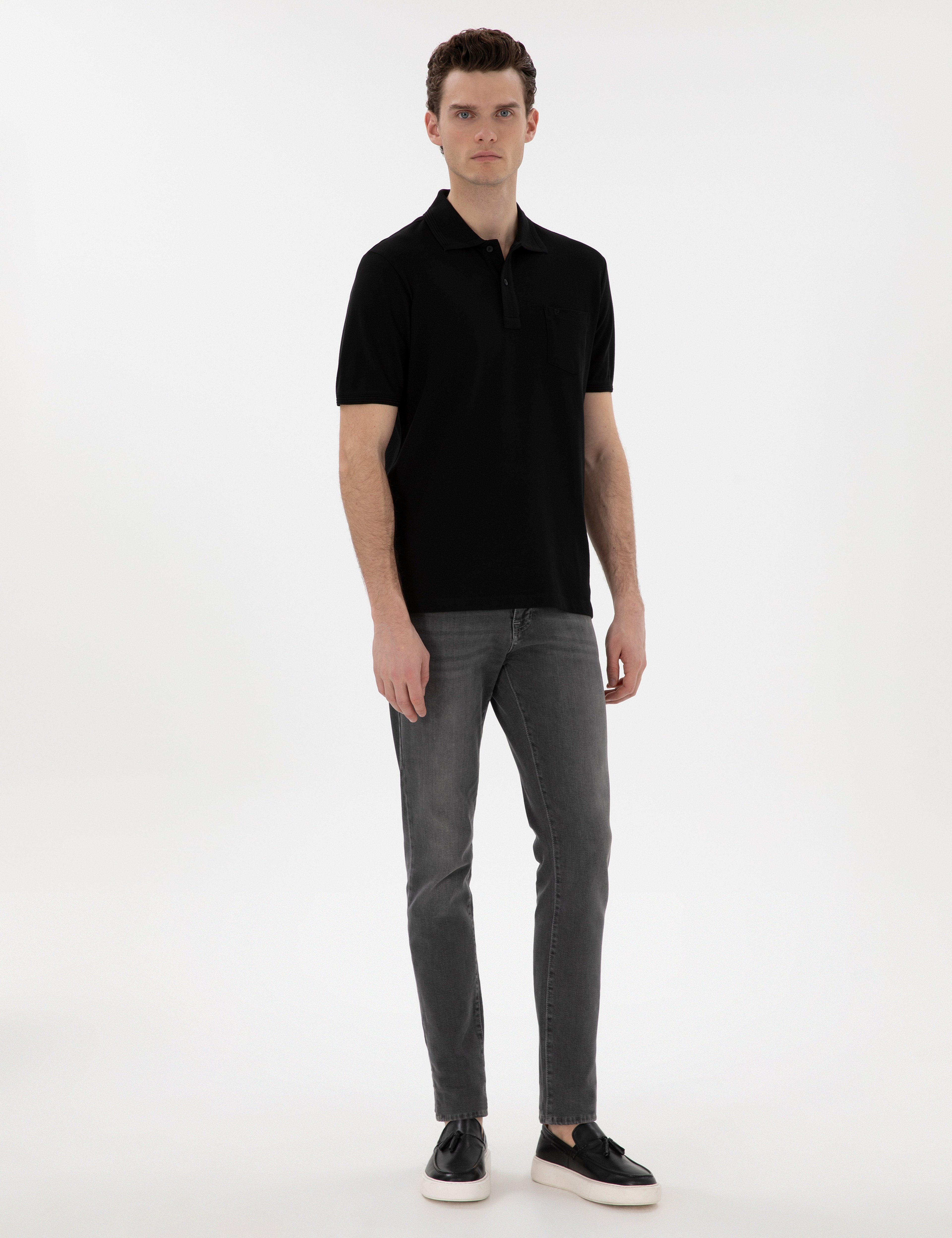 Siyah Regular Fit Kıvrılmaz Polo Yaka Basic Tişört