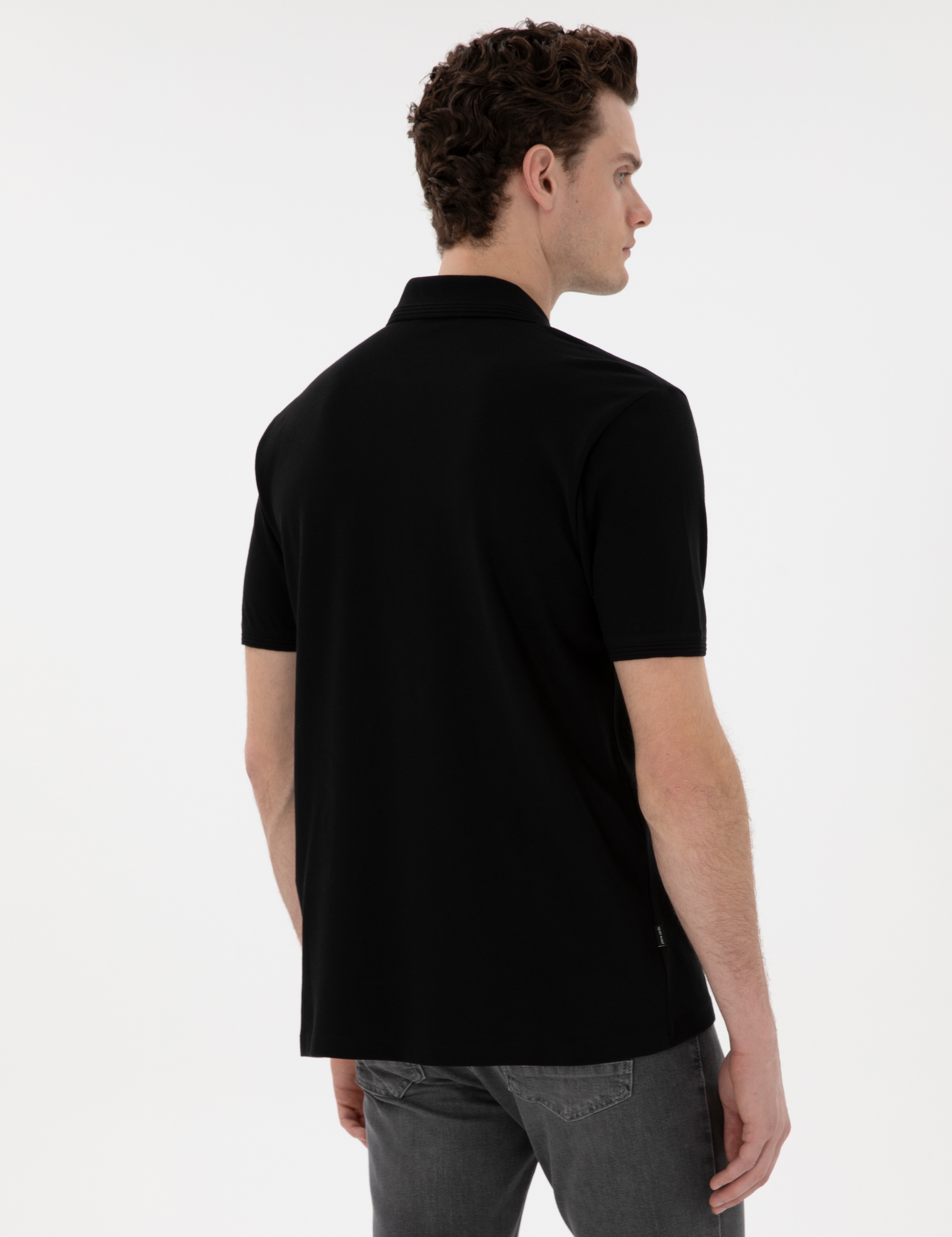 Siyah Regular Fit Kıvrılmaz Polo Yaka Basic Tişört - Image 5