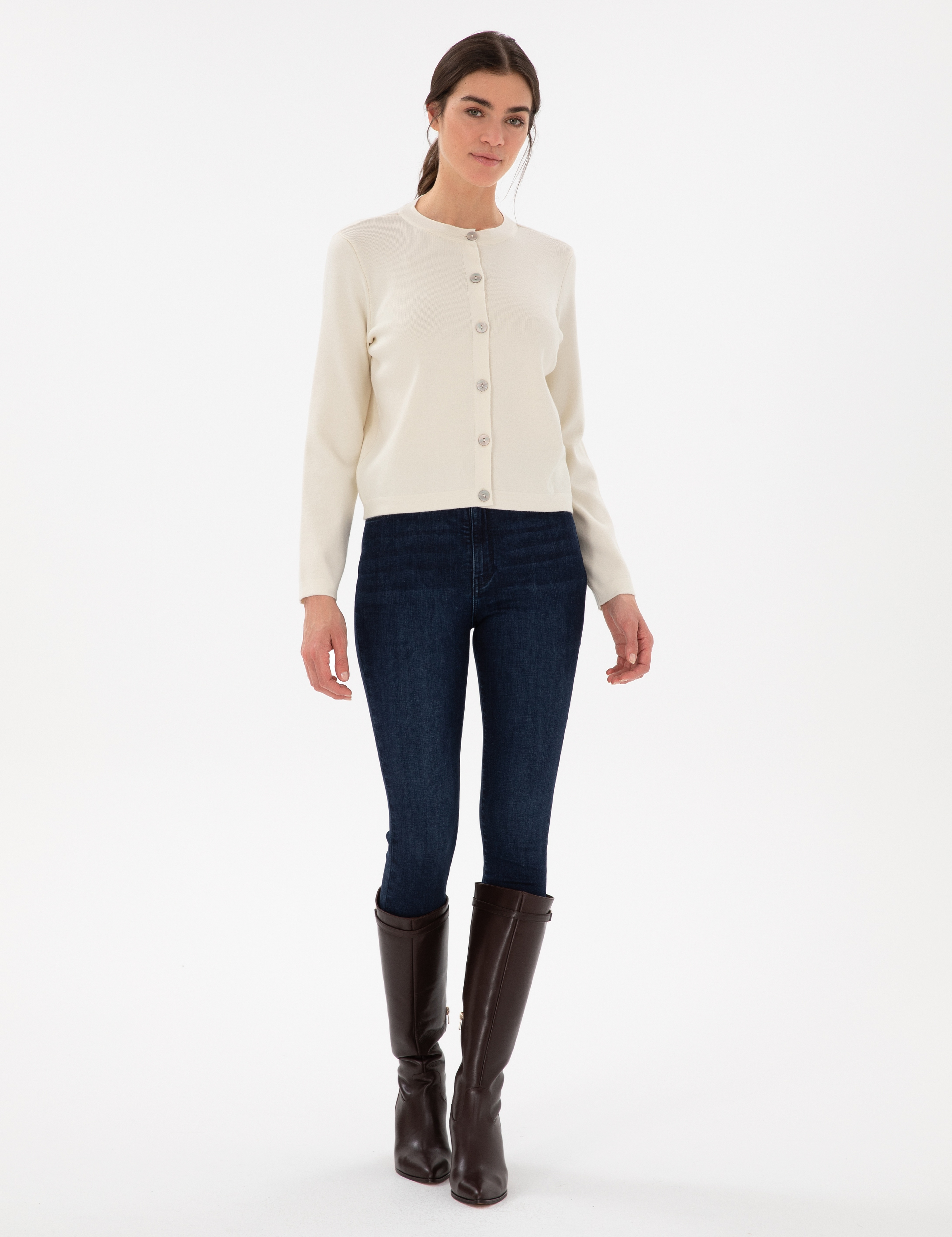 Ekru Slim Fit Triko Hırka - Image 4