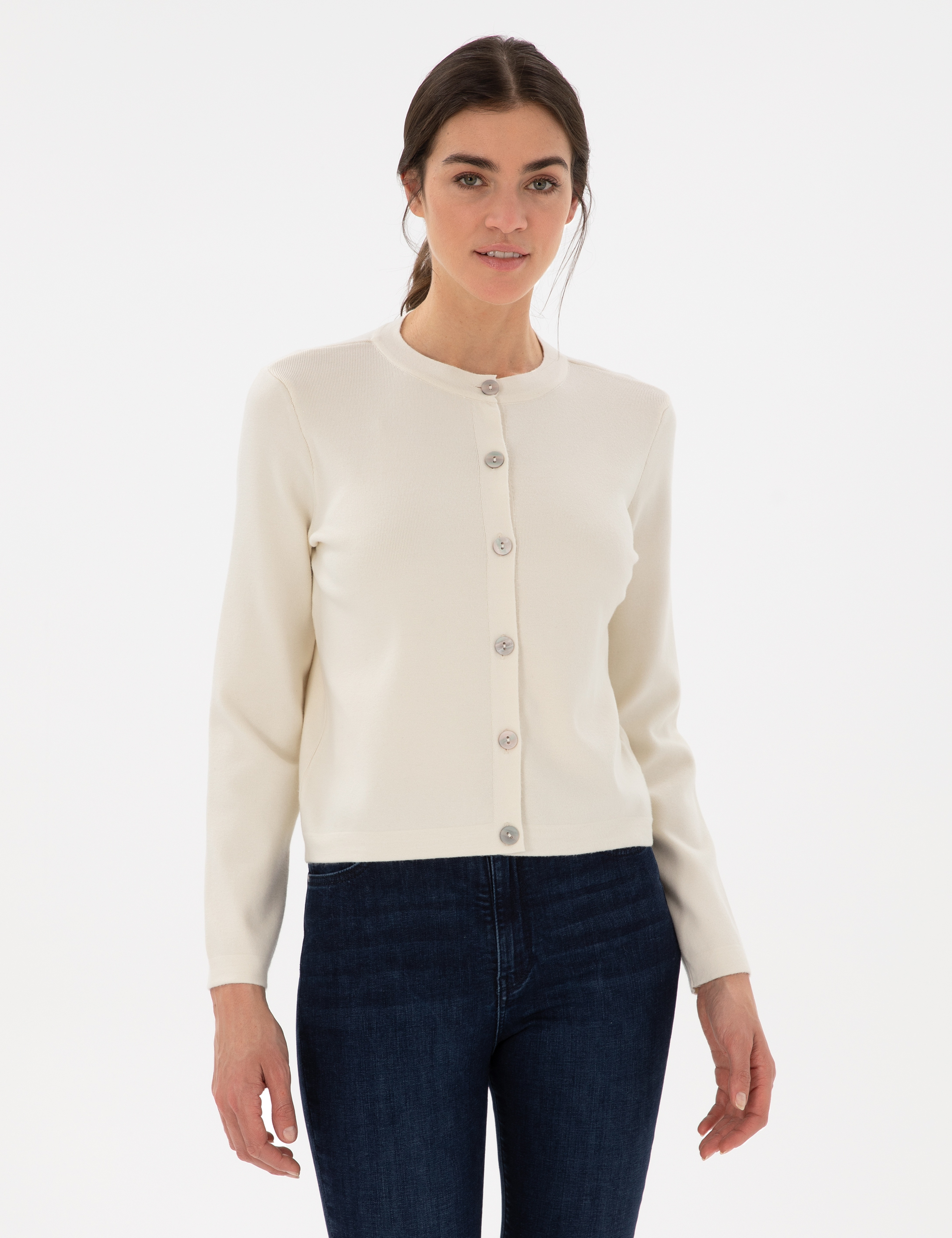Ekru Slim Fit Triko Hırka - Image 1