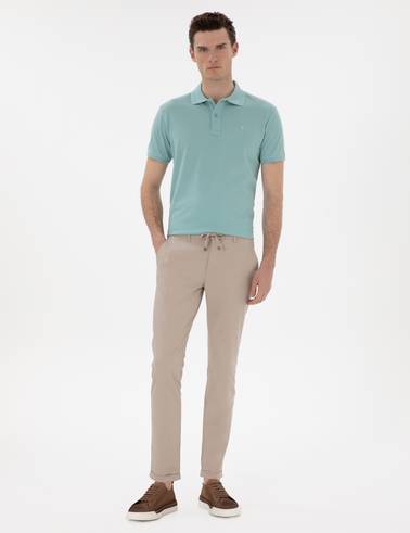 Bej Slim Fit Bağcıklı Kanvas Pantolon