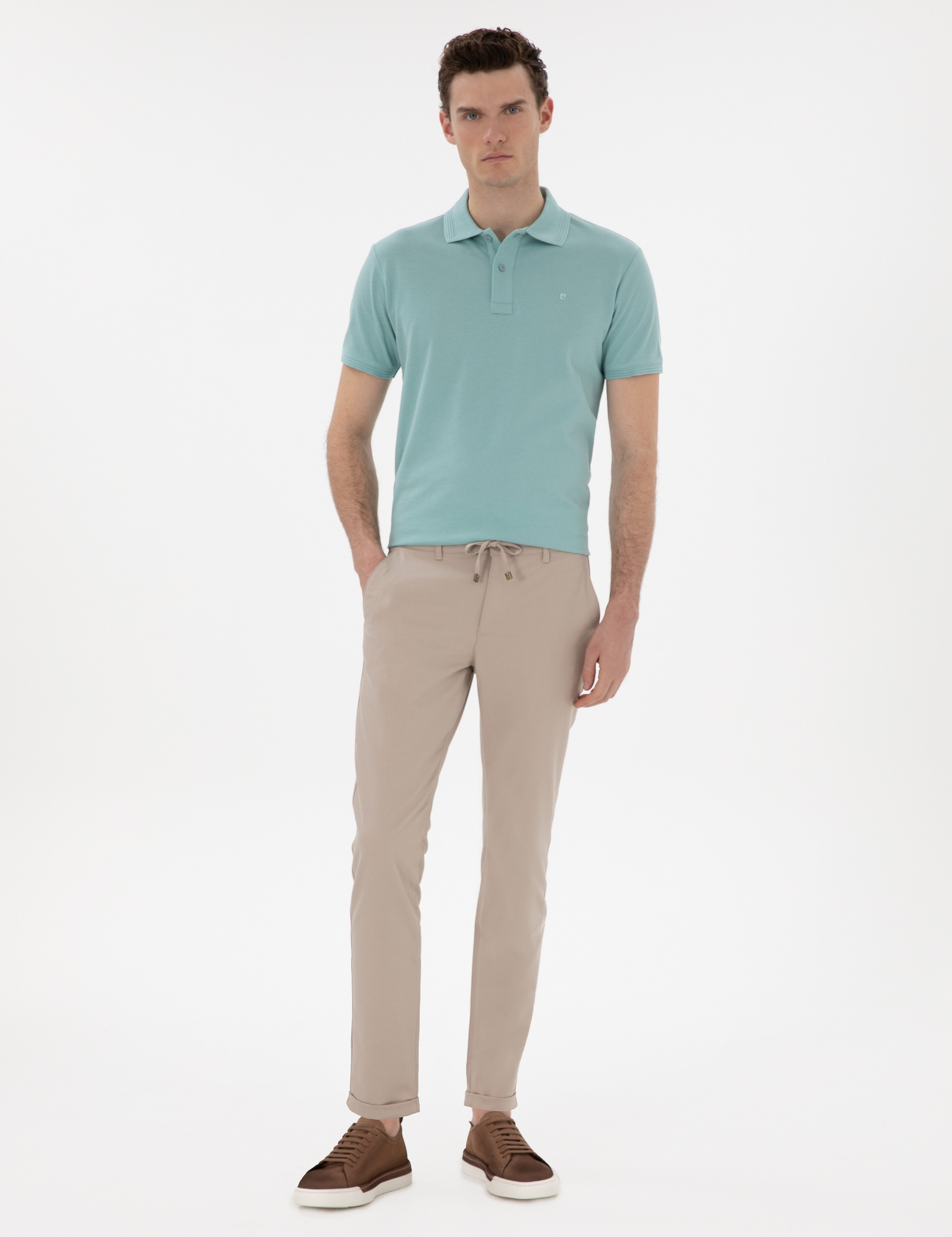 Bej Slim Fit Bağcıklı Kanvas Pantolon - Image 1