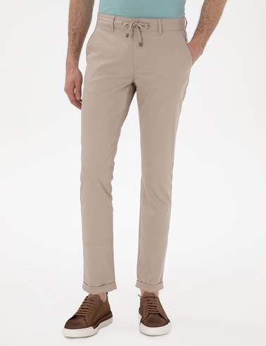 Bej Slim Fit Bağcıklı Kanvas Pantolon