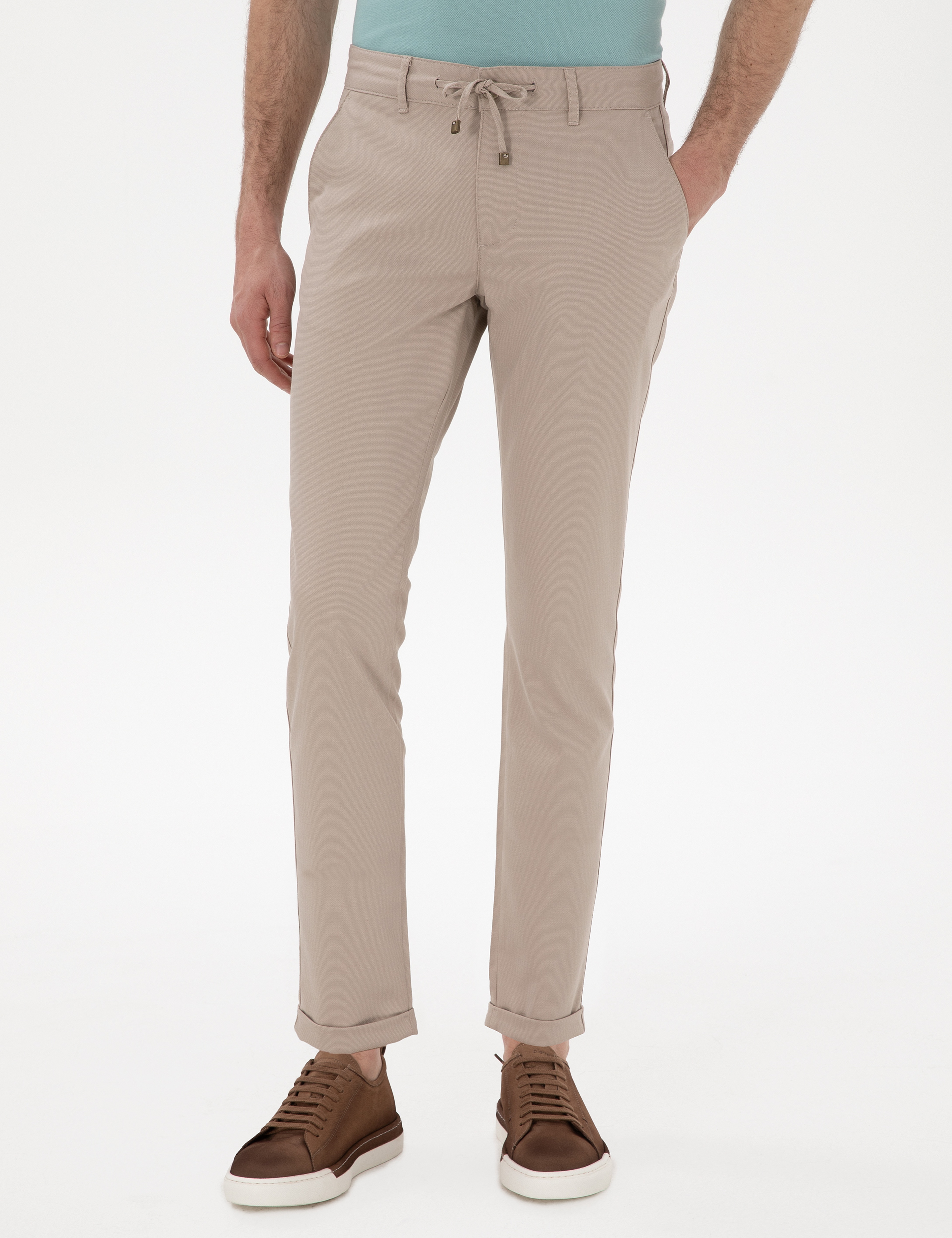 Bej Slim Fit Bağcıklı Kanvas Pantolon - Image 2