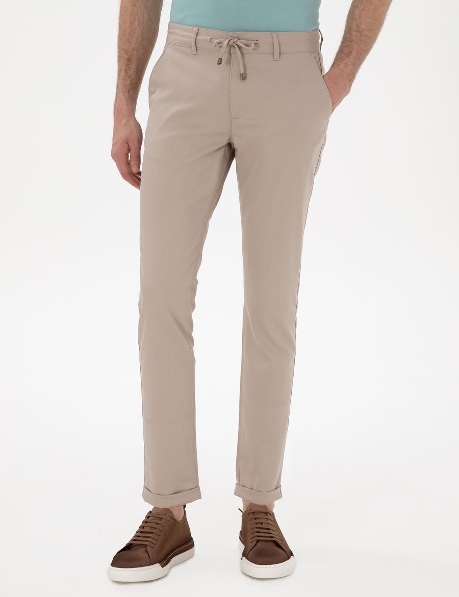 Bej Slim Fit Bağcıklı Kanvas Pantolon
