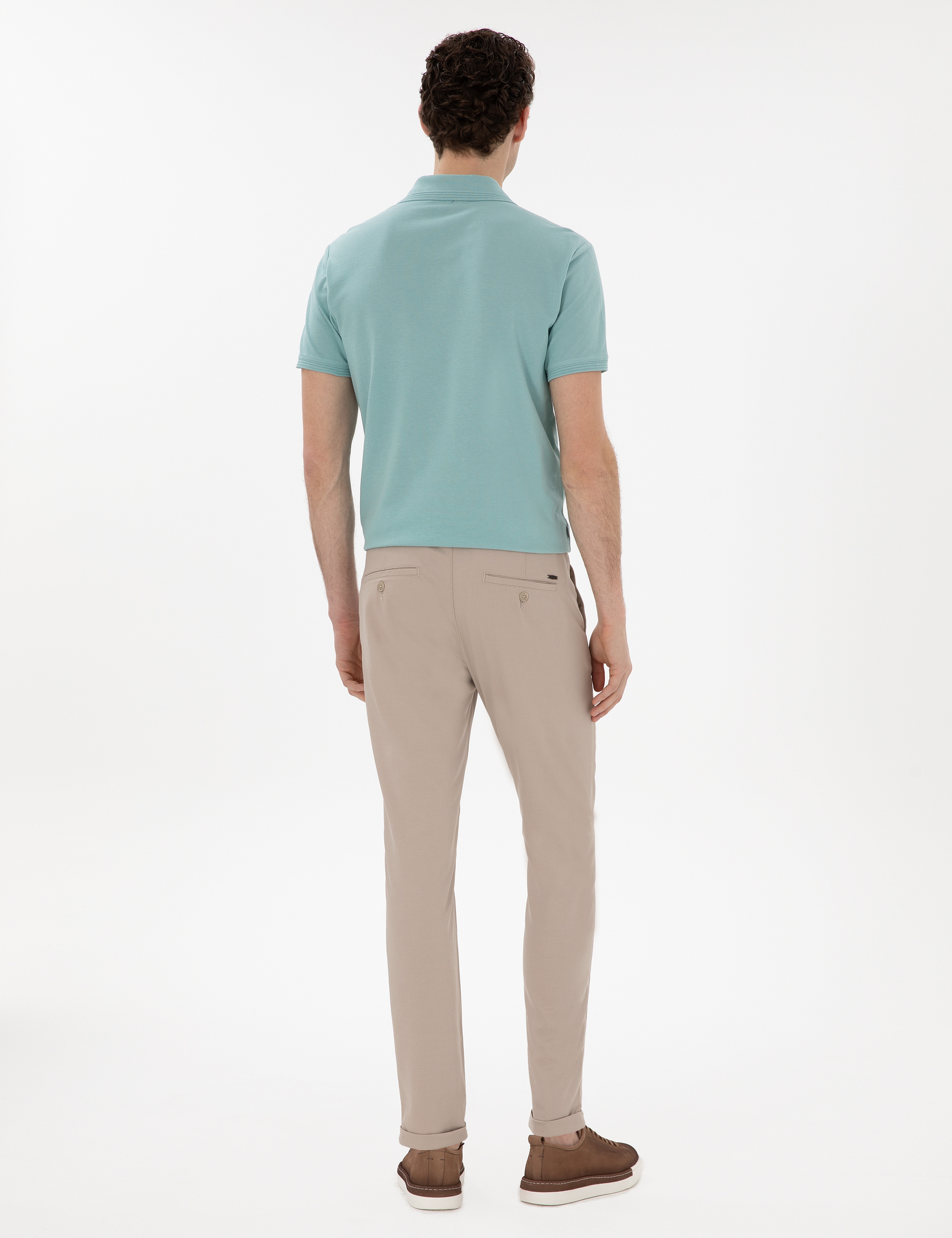 Bej Slim Fit Bağcıklı Kanvas Pantolon - Image 4