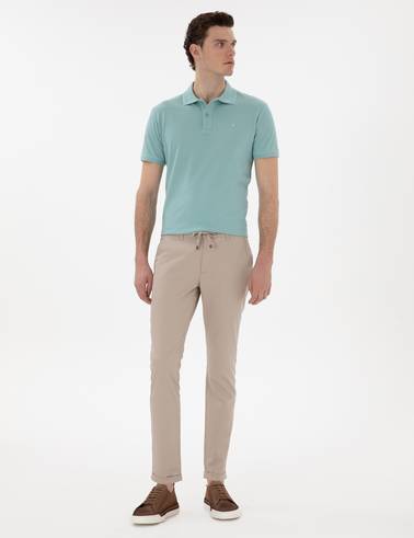 Bej Slim Fit Bağcıklı Kanvas Pantolon